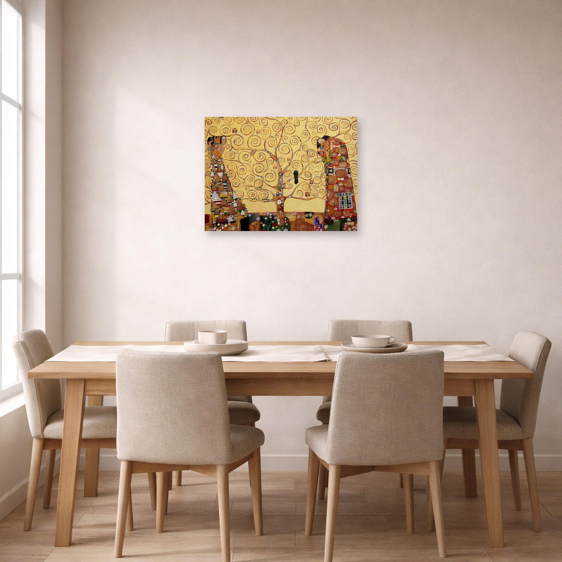 Unframed poster print of Gustav Klimt's 'The Tree of Life' displayed on a wall in a dining room