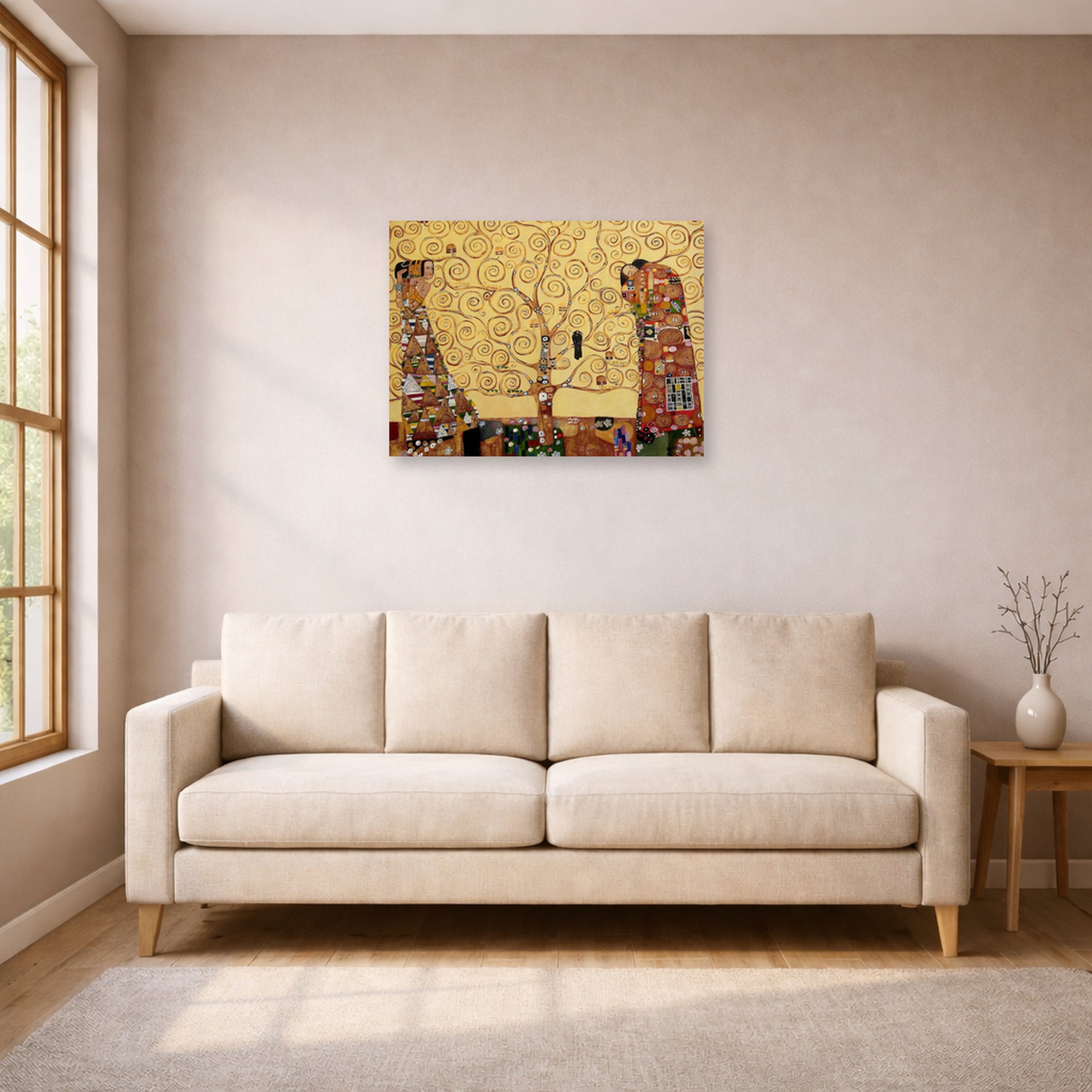 Unframed poster print of Gustav Klimt's 'The Tree of Life' displayed on a wall in a living room (image 1 of 2)