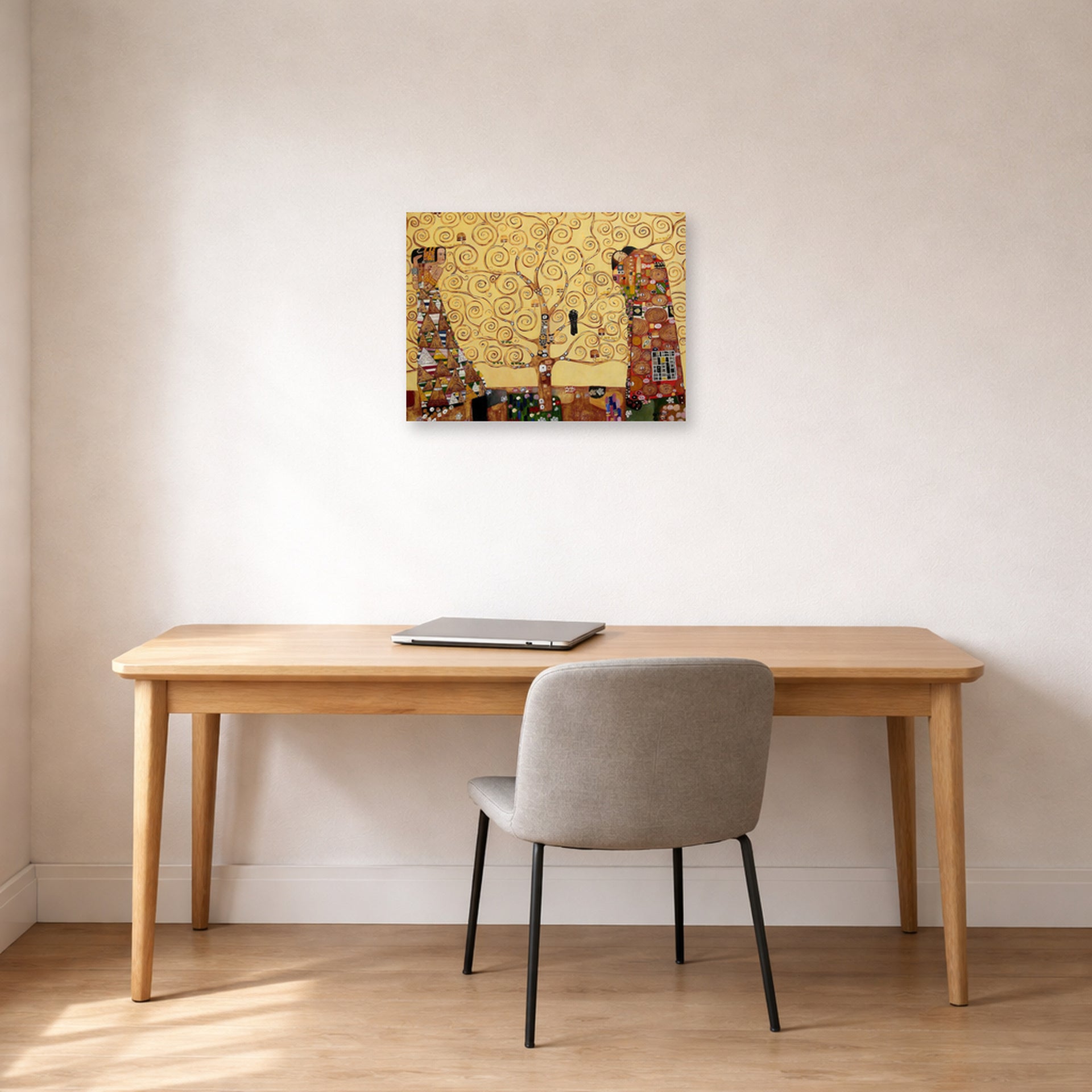 Unframed poster print of Gustav Klimt's 'The Tree of Life' displayed on a wall in an office