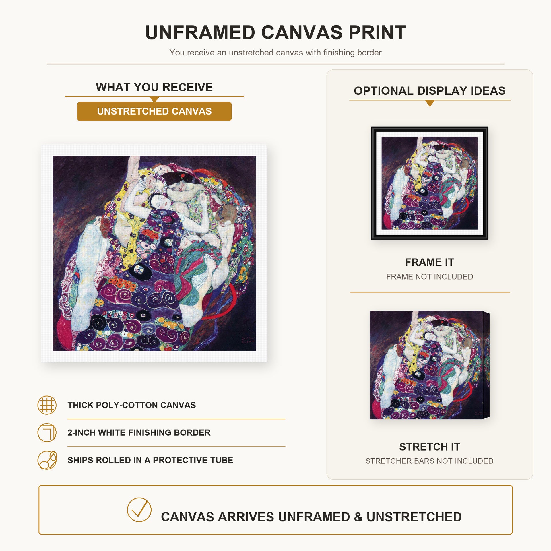 Gustav Klimt - The Virgin canvas print size comparison and framing display infographic