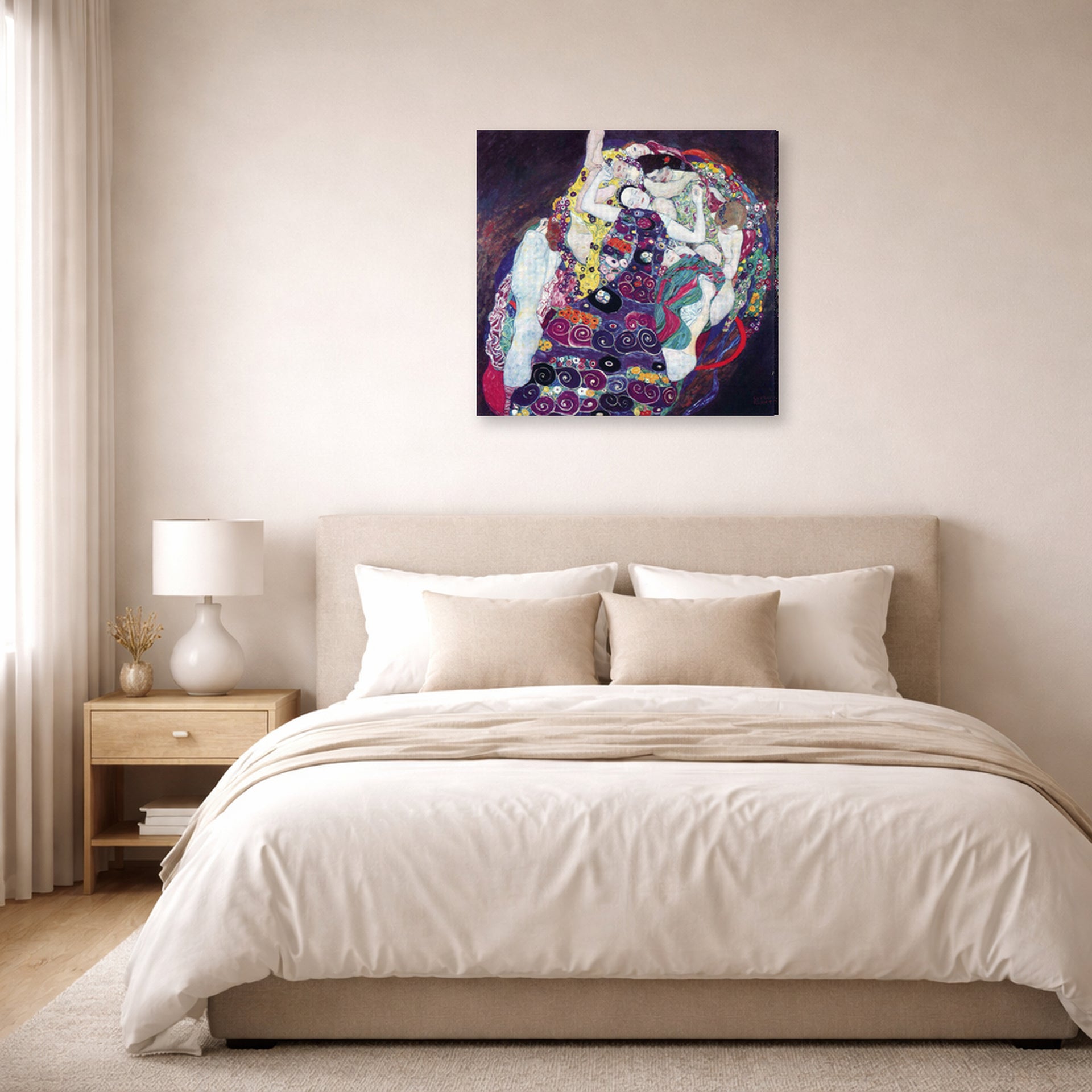 Gallery-wrapped canvas print of Gustav Klimt's 'The Virgin' displayed on a wall in a bedroom