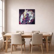 Gallery-wrapped canvas print of Gustav Klimt's 'The Virgin' displayed on a wall in a dining room