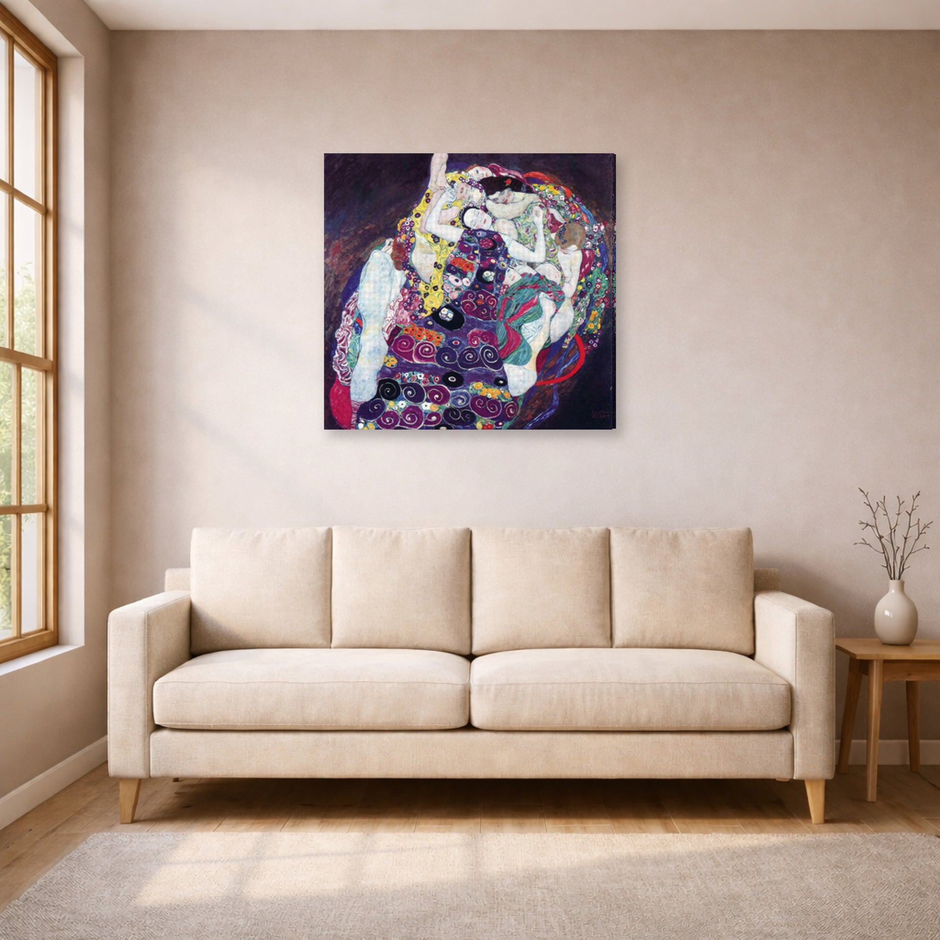 Gallery-wrapped canvas print of Gustav Klimt's 'The Virgin' displayed on a wall in a living room (image 1 of 2)