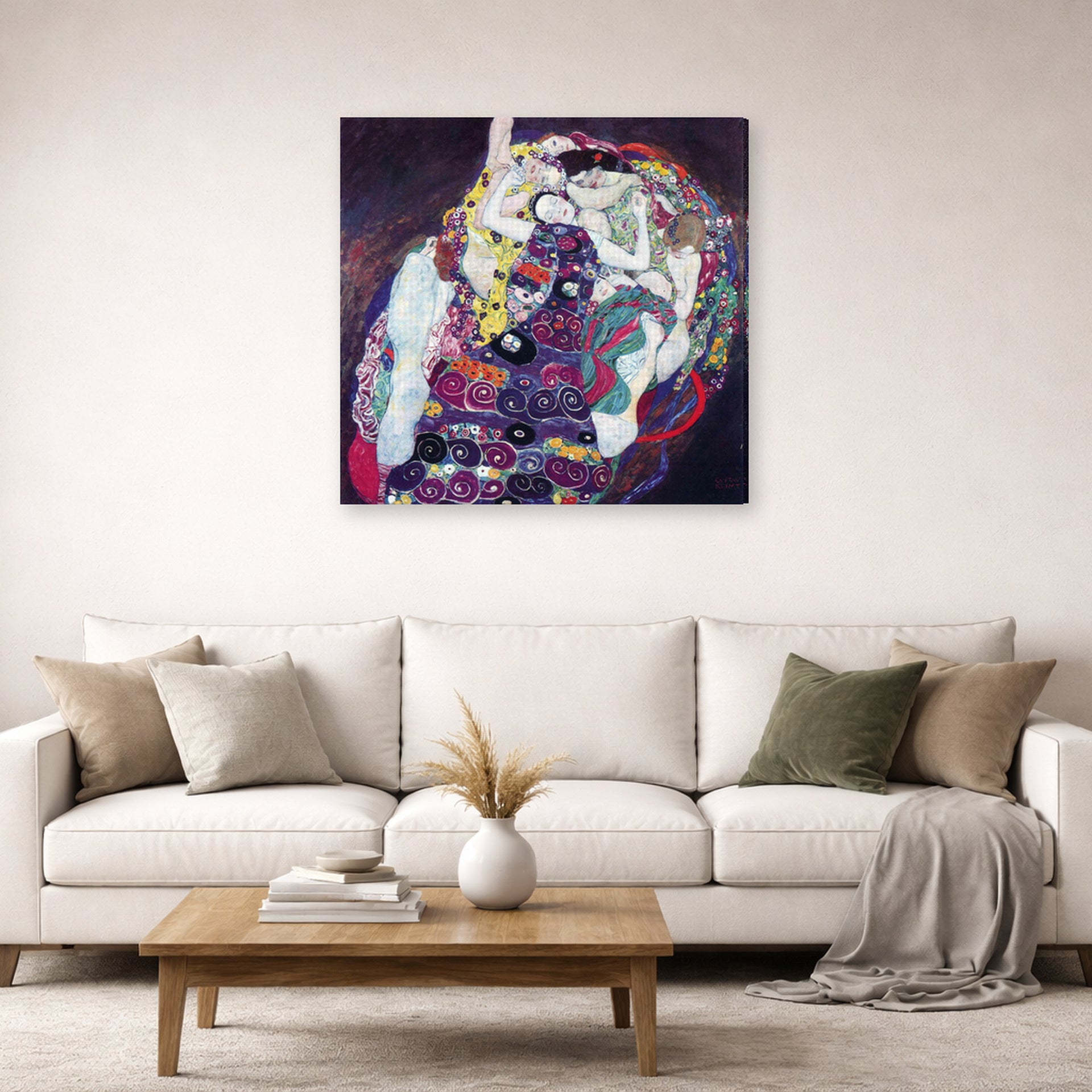 Gallery-wrapped canvas print of Gustav Klimt's 'The Virgin' displayed on a wall in a living room (image 2 of 2)