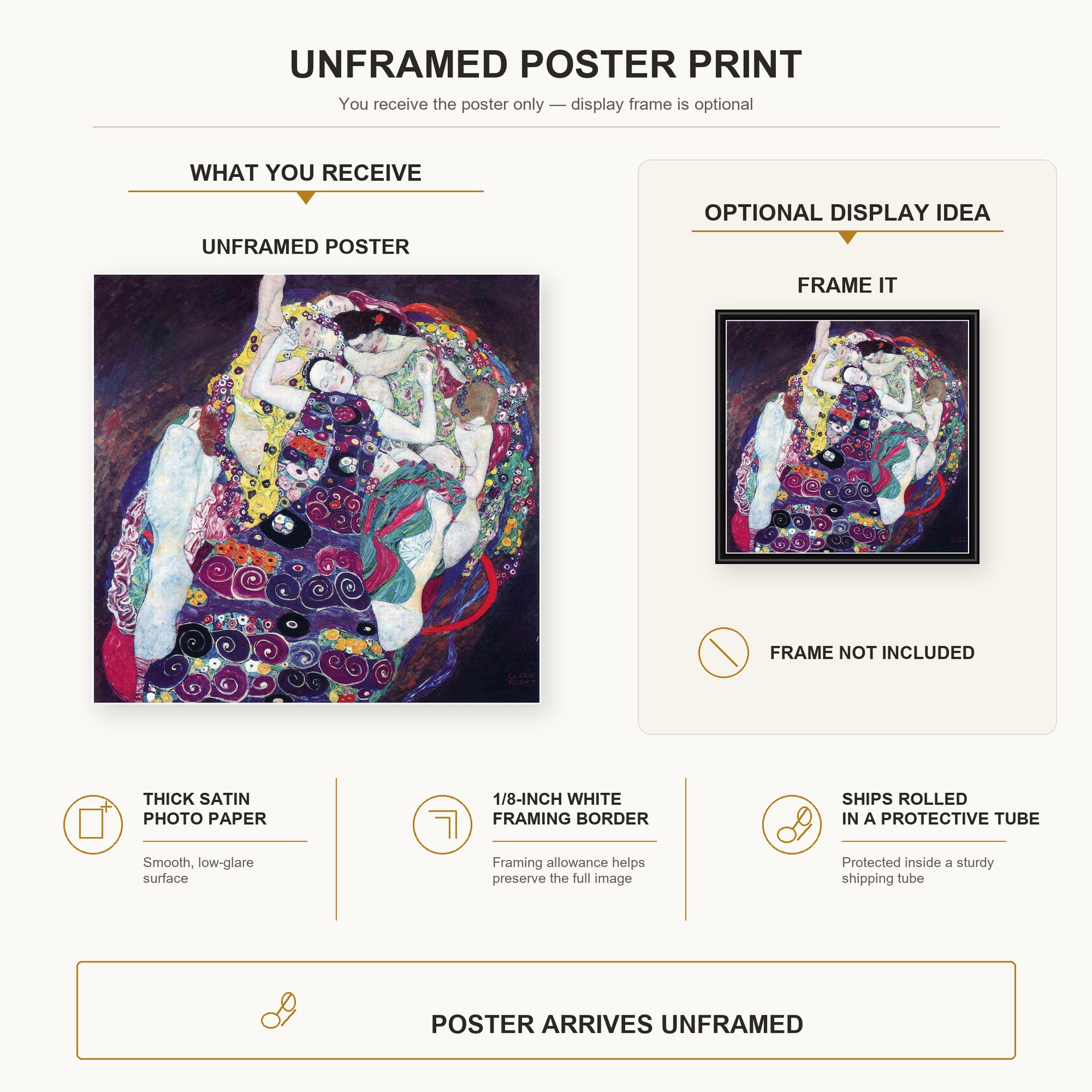 Gustav Klimt - The Virgin poster print size comparison and framing display infographic