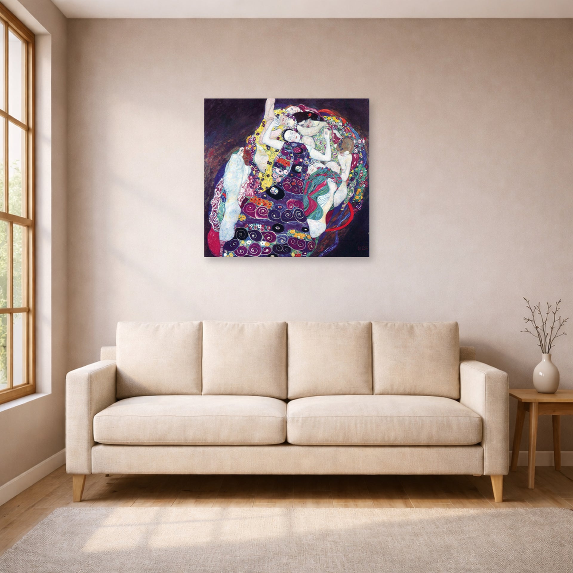 Unframed poster print of Gustav Klimt's 'The Virgin' displayed on a wall in a living room (image 1 of 2)