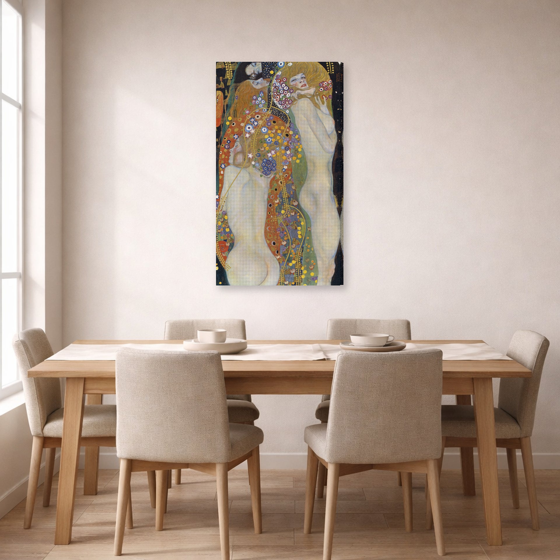 Gallery-wrapped canvas print of Gustav Klimt's 'Water Snakes II' displayed on a wall in a dining room