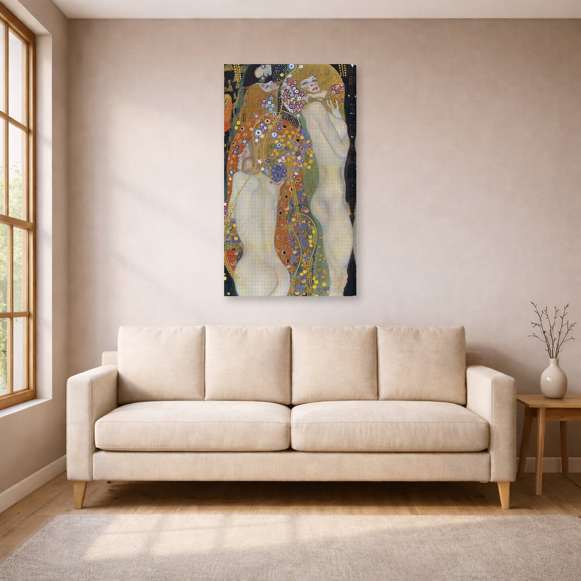 Gallery-wrapped canvas print of Gustav Klimt's 'Water Snakes II' displayed on a wall in a living room (image 1 of 2)