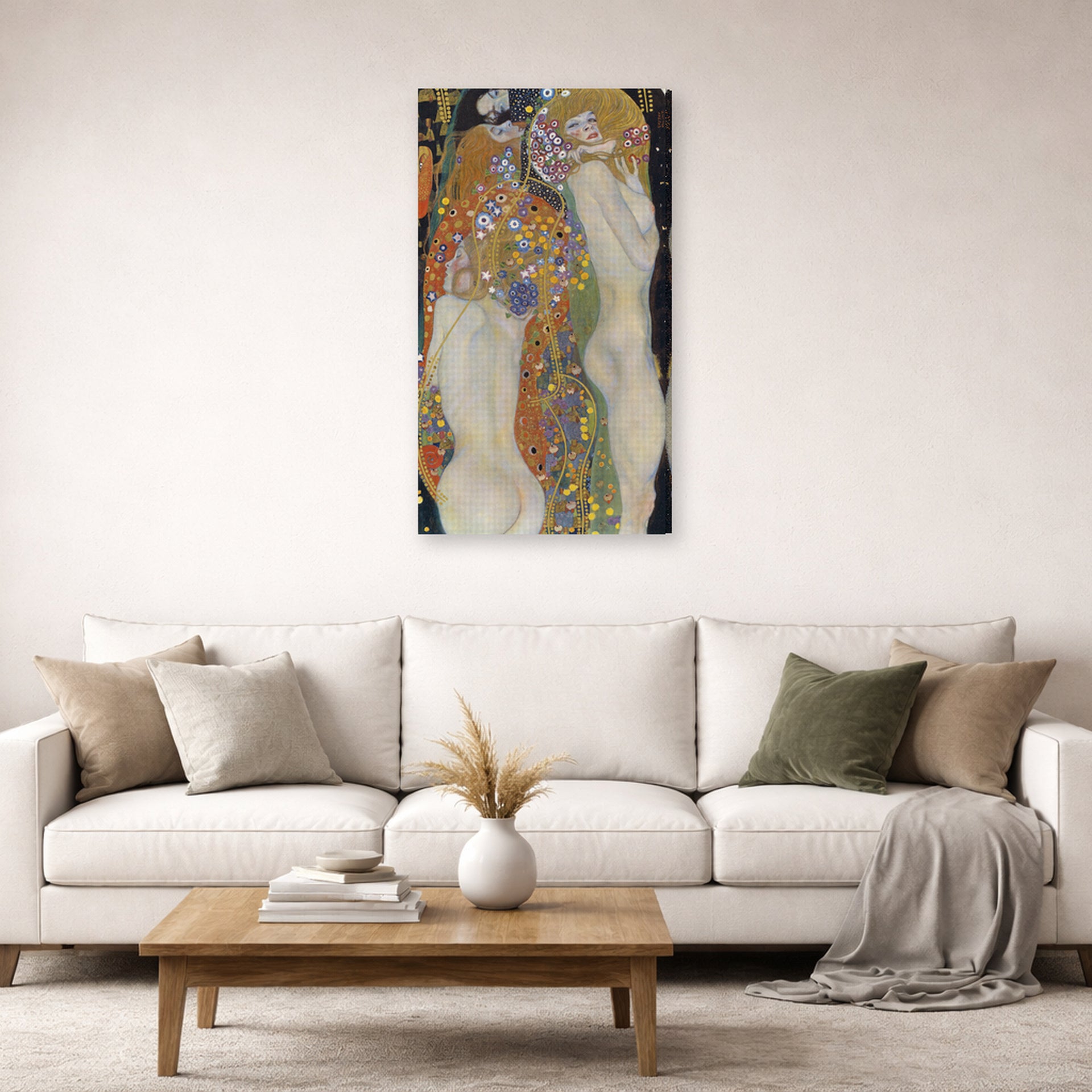 Gallery-wrapped canvas print of Gustav Klimt's 'Water Snakes II' displayed on a wall in a living room (image 2 of 2)