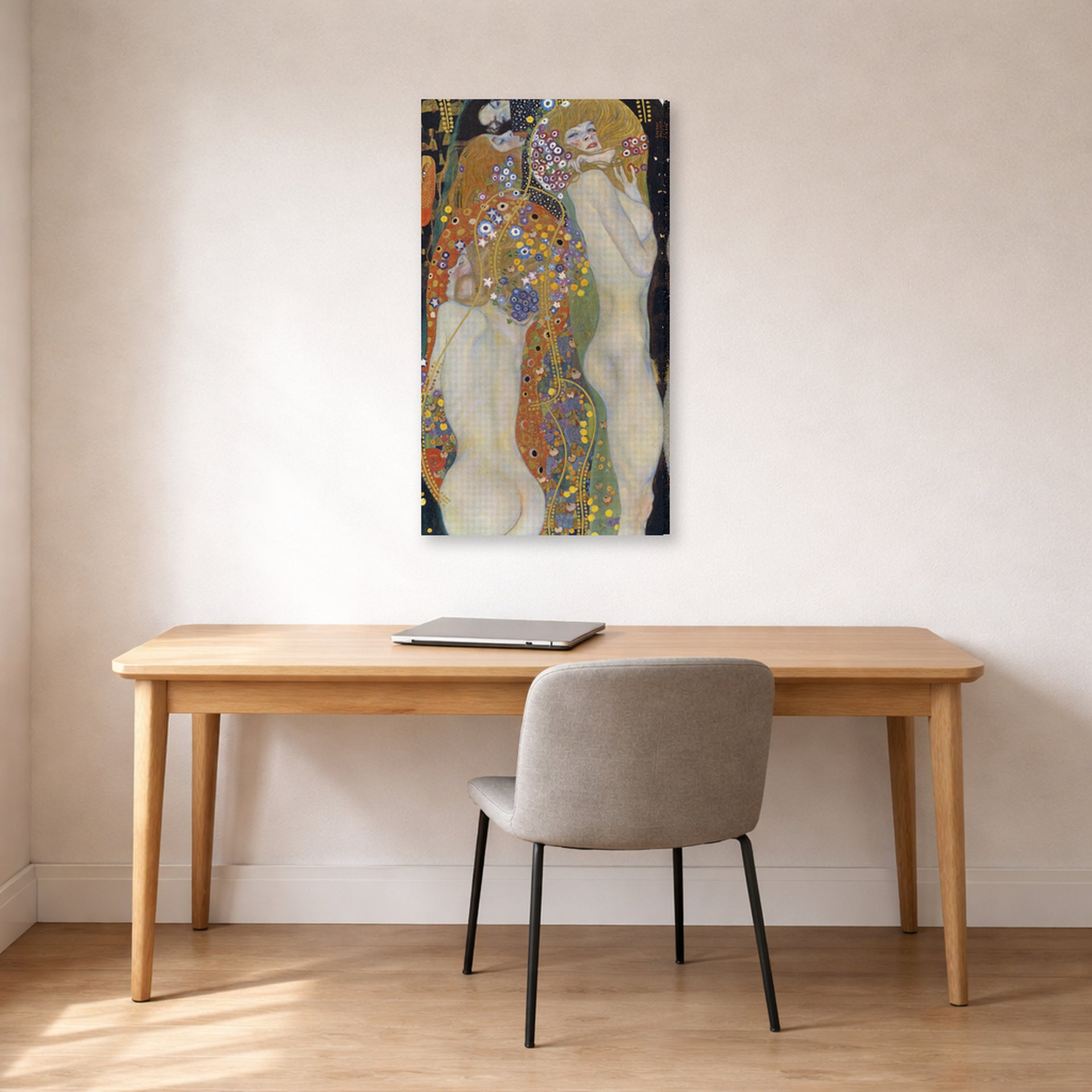 Gallery-wrapped canvas print of Gustav Klimt's 'Water Snakes II' displayed on a wall in an office