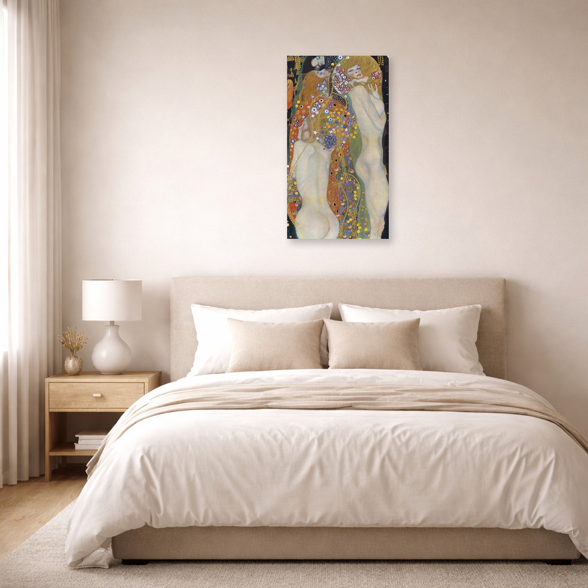 Unframed poster print of Gustav Klimt's 'Water Snakes II' displayed on a wall in a bedroom