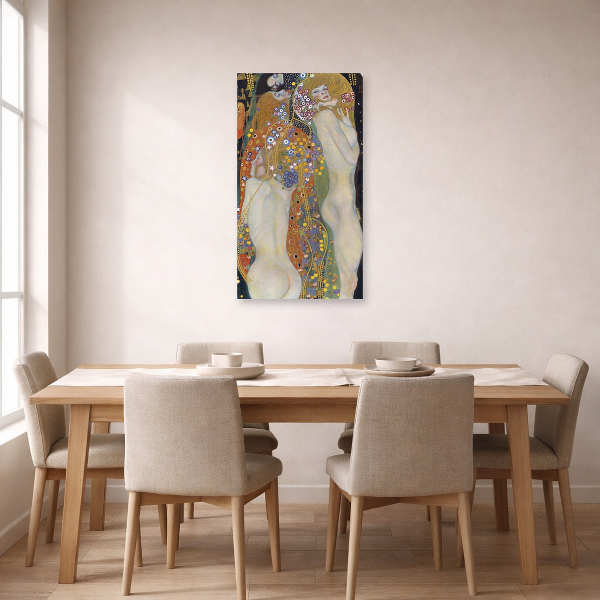 Unframed poster print of Gustav Klimt's 'Water Snakes II' displayed on a wall in a dining room