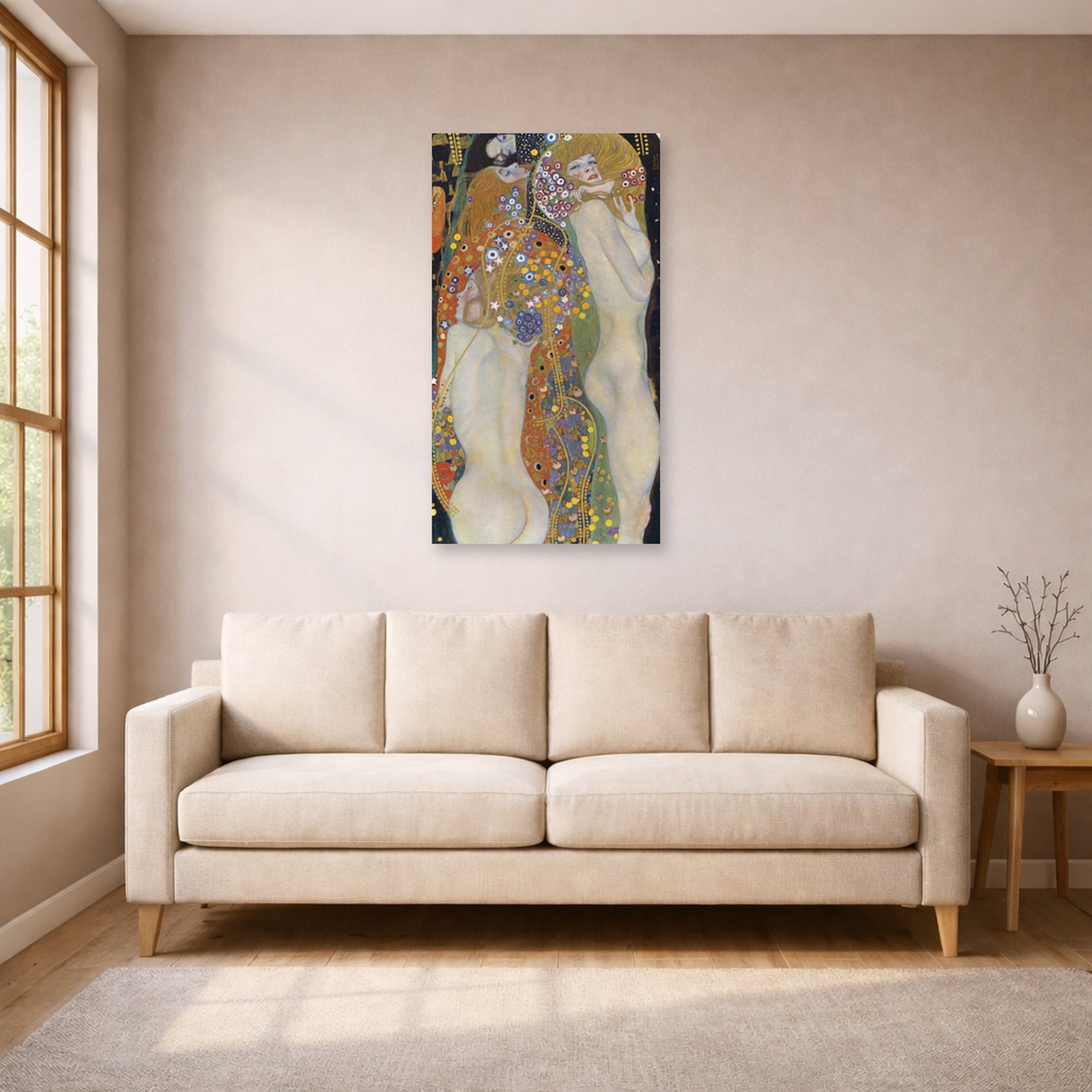 Unframed poster print of Gustav Klimt's 'Water Snakes II' displayed on a wall in a living room (image 1 of 2)