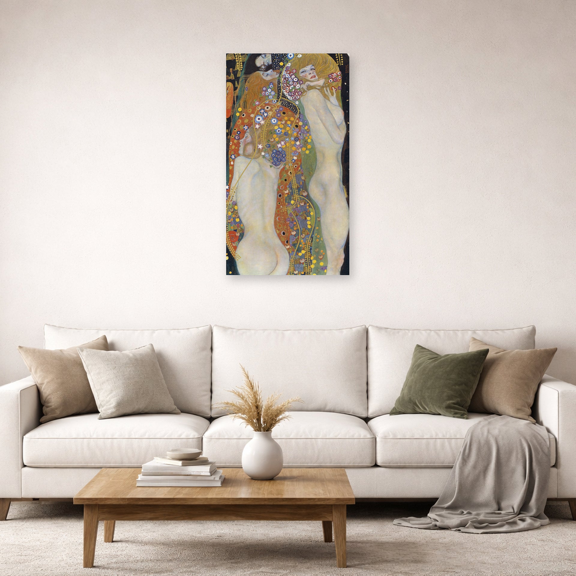 Unframed poster print of Gustav Klimt's 'Water Snakes II' displayed on a wall in a living room (image 2 of 2)