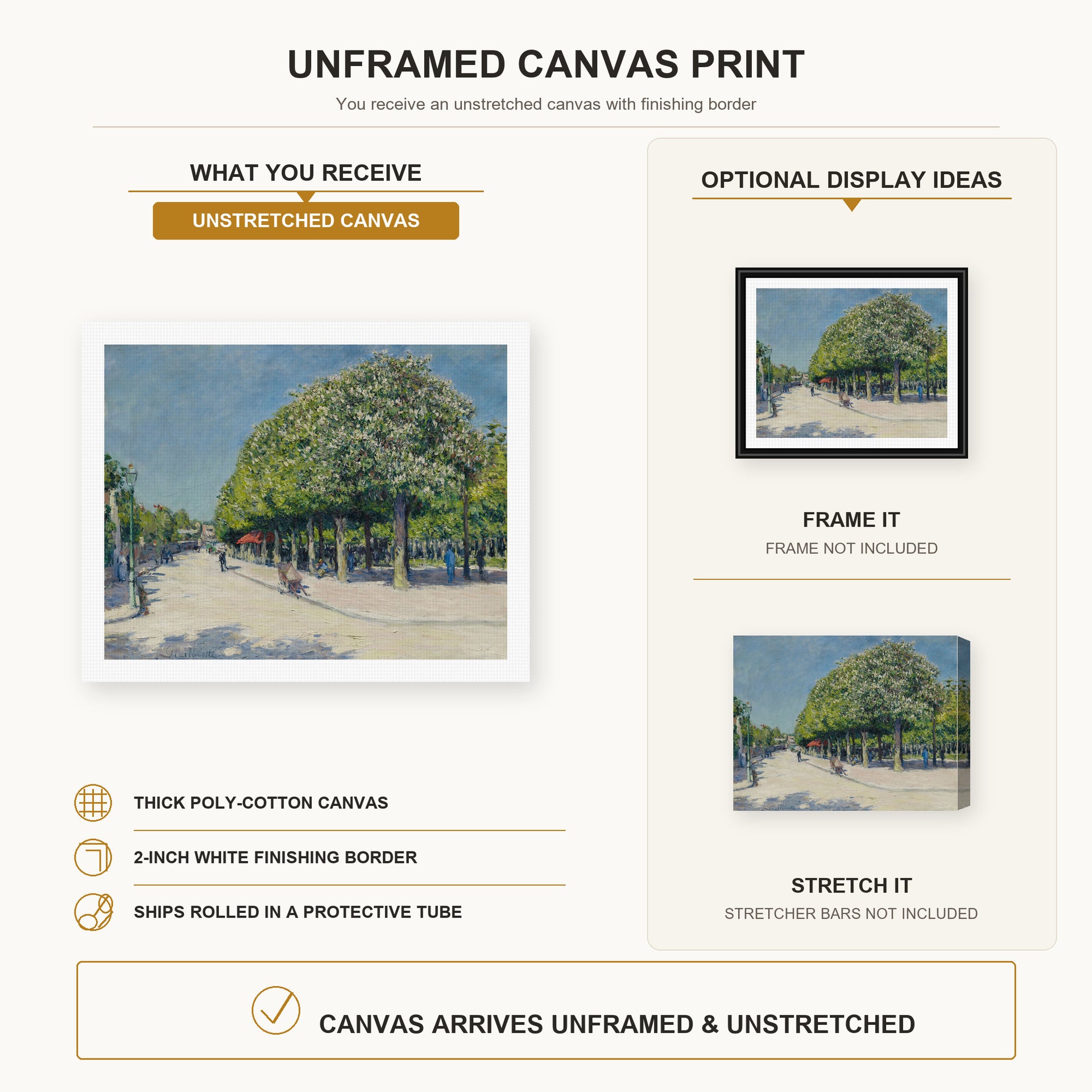 Gustave Caillebotte - Argenteuil Fete Foraine canvas print size comparison and framing display infographic