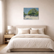 Gallery-wrapped canvas print of Gustave Caillebotte's Argenteuil Fete Foraine displayed on a wall in a bedroom