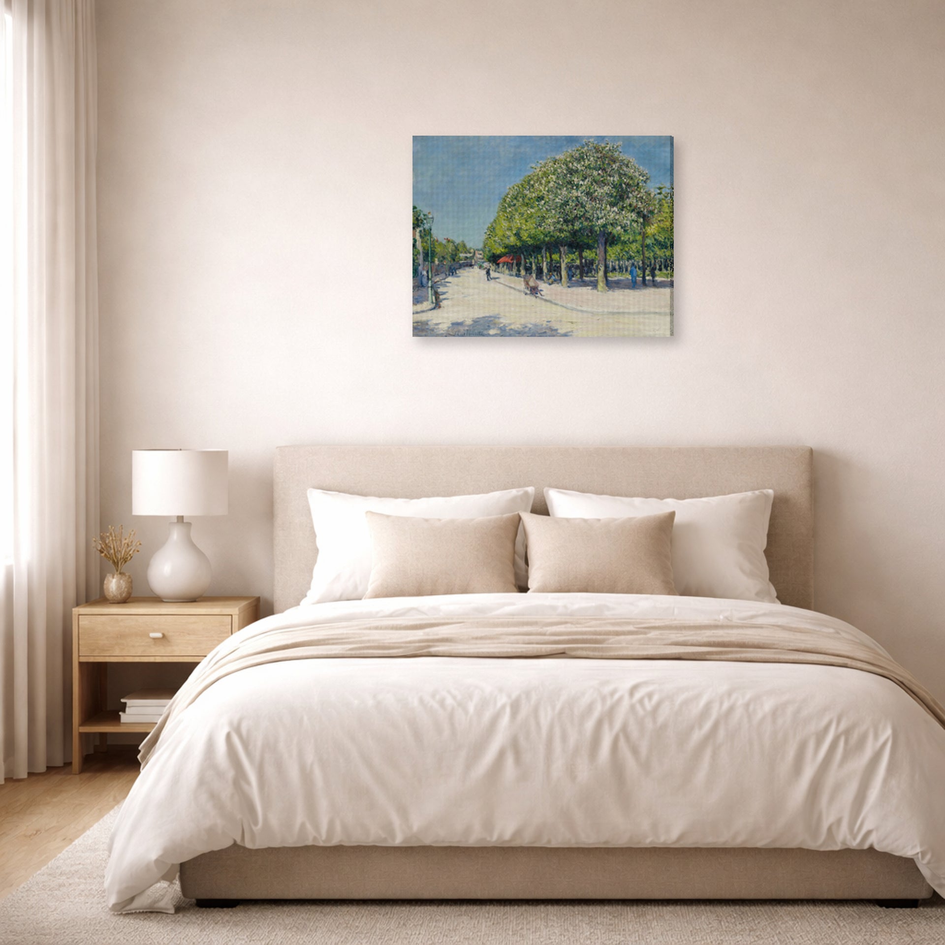 Gallery-wrapped canvas print of Gustave Caillebotte's Argenteuil Fete Foraine displayed on a wall in a bedroom