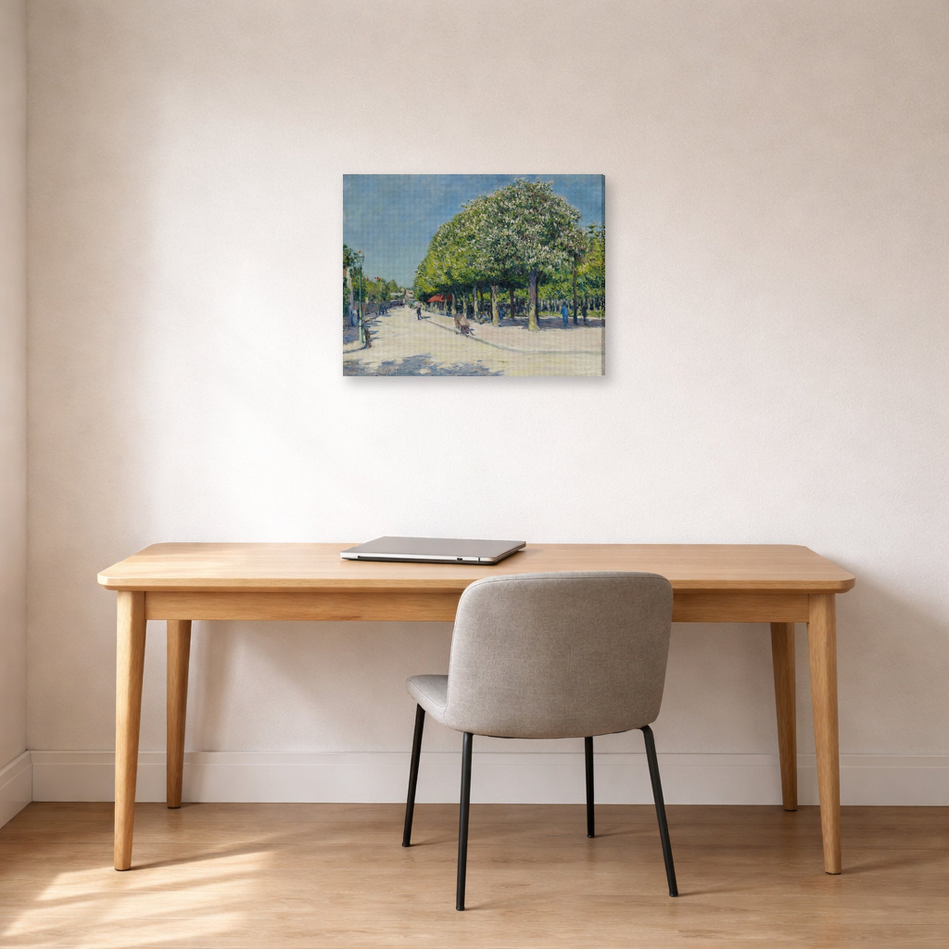Gallery-wrapped canvas print of Gustave Caillebotte's Argenteuil Fete Foraine displayed on a wall in a office