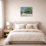 Unframed poster print of Gustave Caillebotte's Argenteuil Fete Foraine displayed on a wall in a bedroom