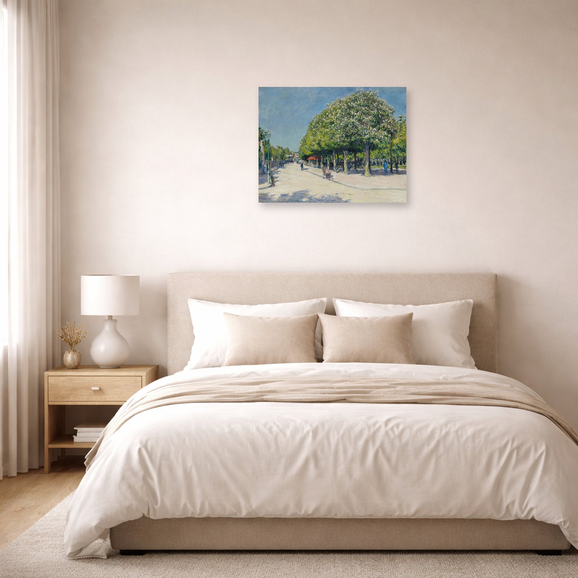 Unframed poster print of Gustave Caillebotte's Argenteuil Fete Foraine displayed on a wall in a bedroom