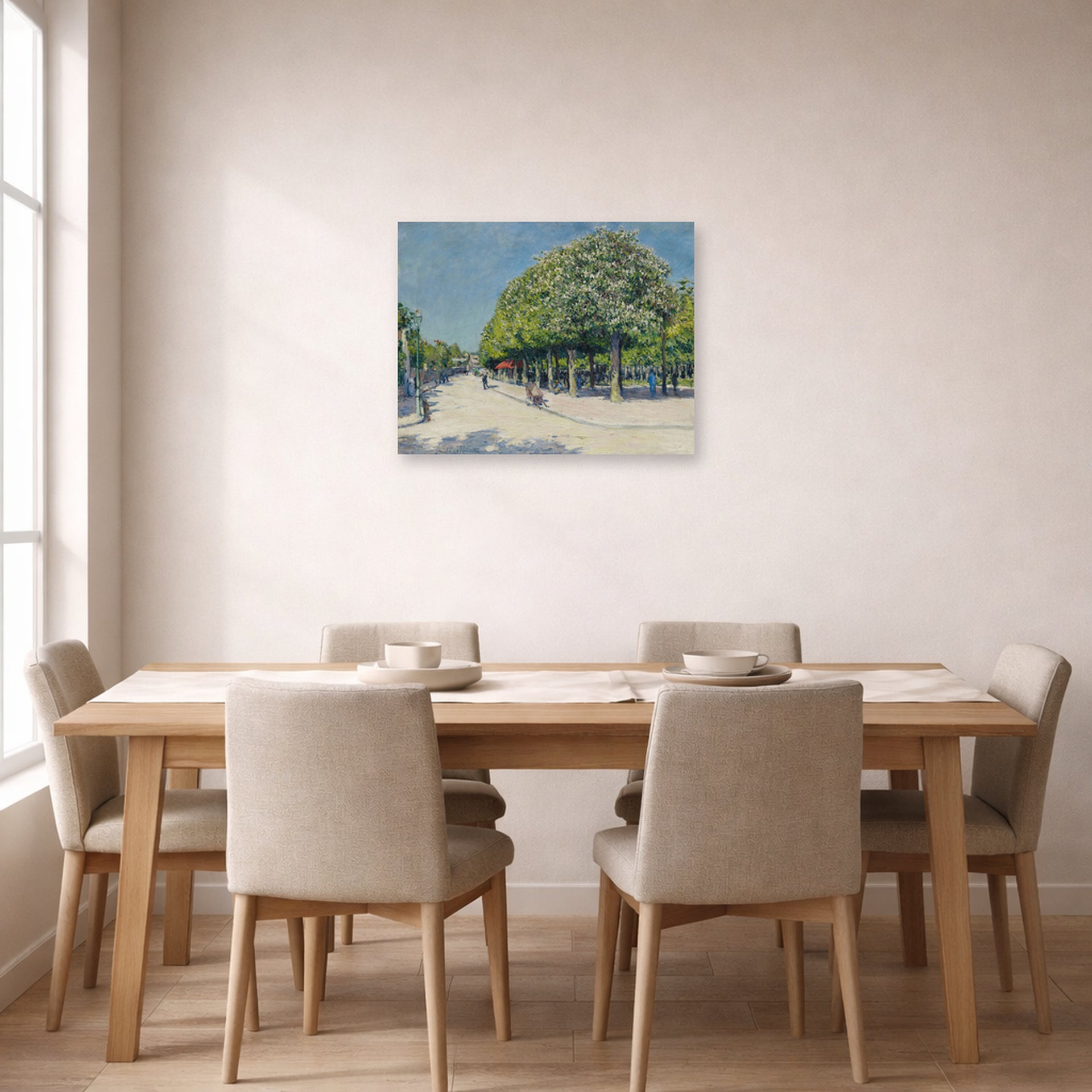Unframed poster print of Gustave Caillebotte's Argenteuil Fete Foraine displayed on a wall in a dining