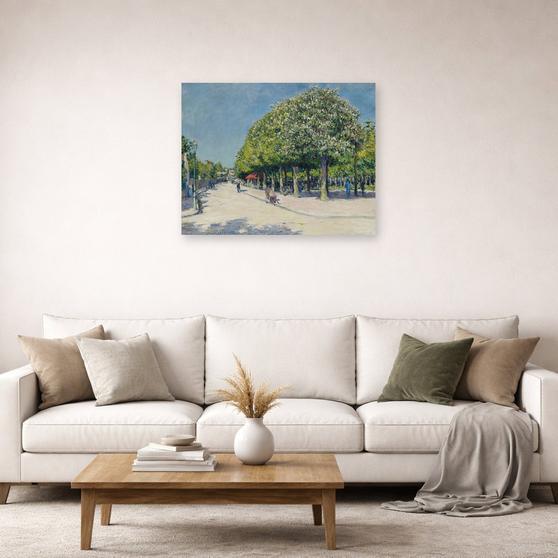 Unframed poster print of Gustave Caillebotte's Argenteuil Fete Foraine displayed on a wall in a living room