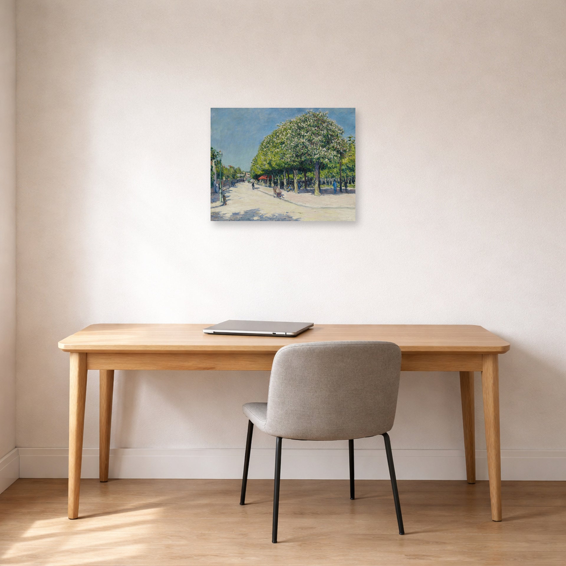 Unframed poster print of Gustave Caillebotte's Argenteuil Fete Foraine displayed on a wall in a office