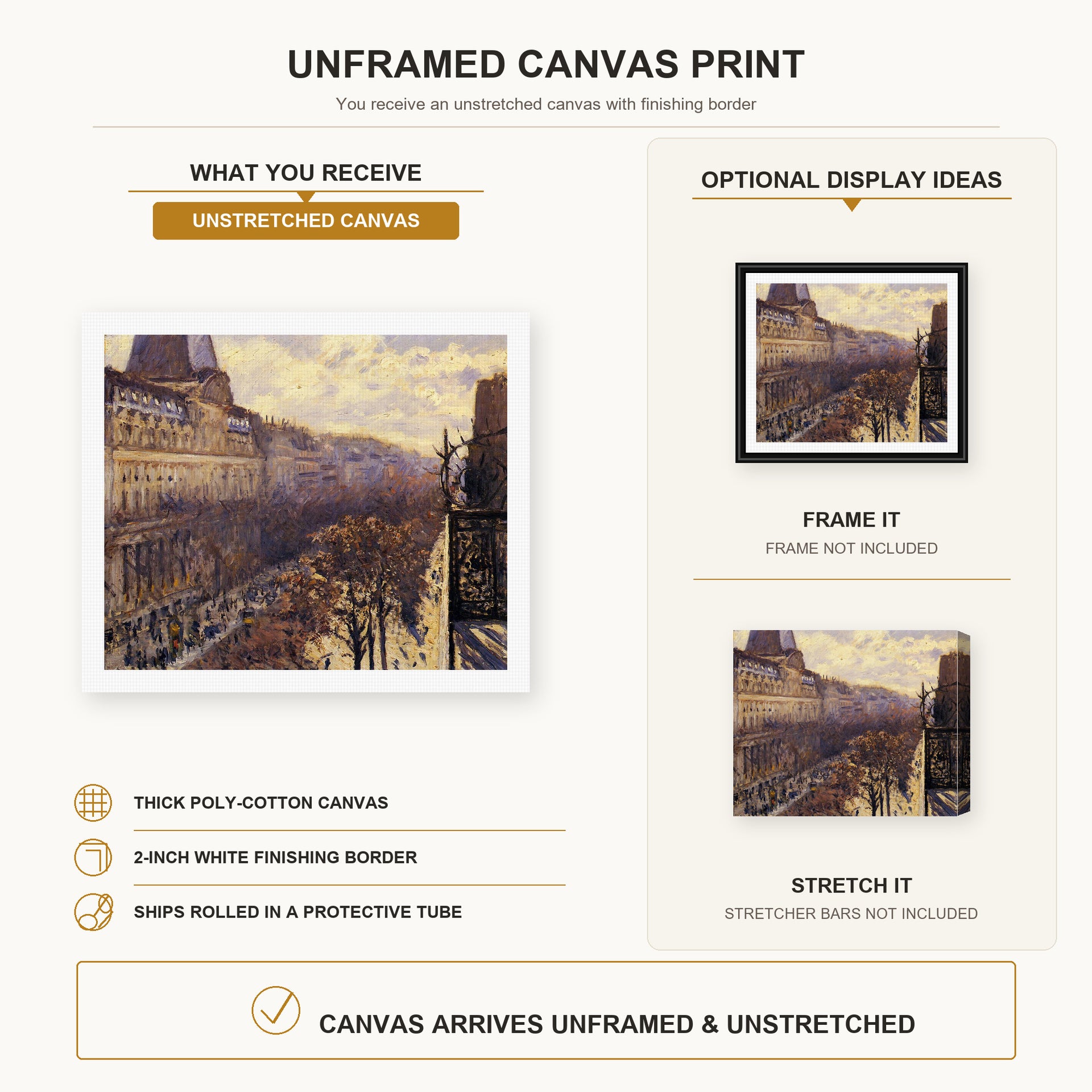 Gustave Caillebotte - Boulevard des Italiens canvas print size comparison and framing display infographic