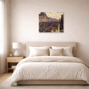 Gallery-wrapped canvas print of Gustave Caillebotte's Boulevard des Italiens displayed on a wall in a bedroom