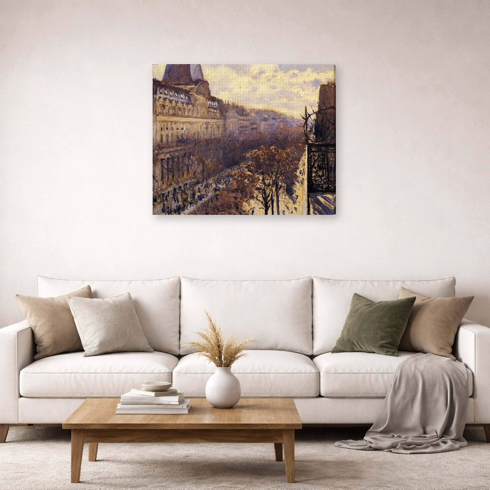 Gallery-wrapped canvas print of Gustave Caillebotte's Boulevard des Italiens displayed on a wall in a living room