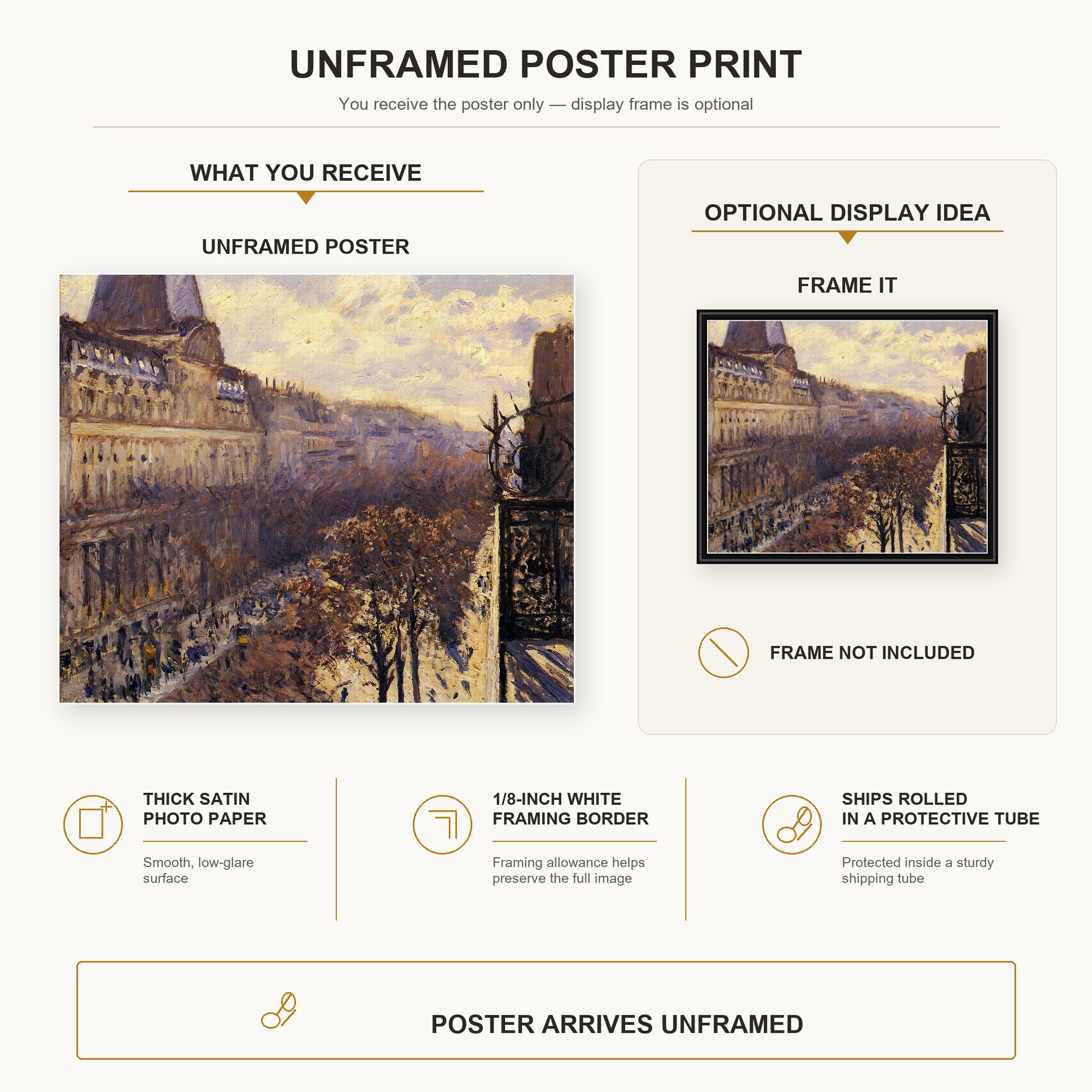 Gustave Caillebotte - Boulevard des Italiens poster print size comparison and framing display infographic