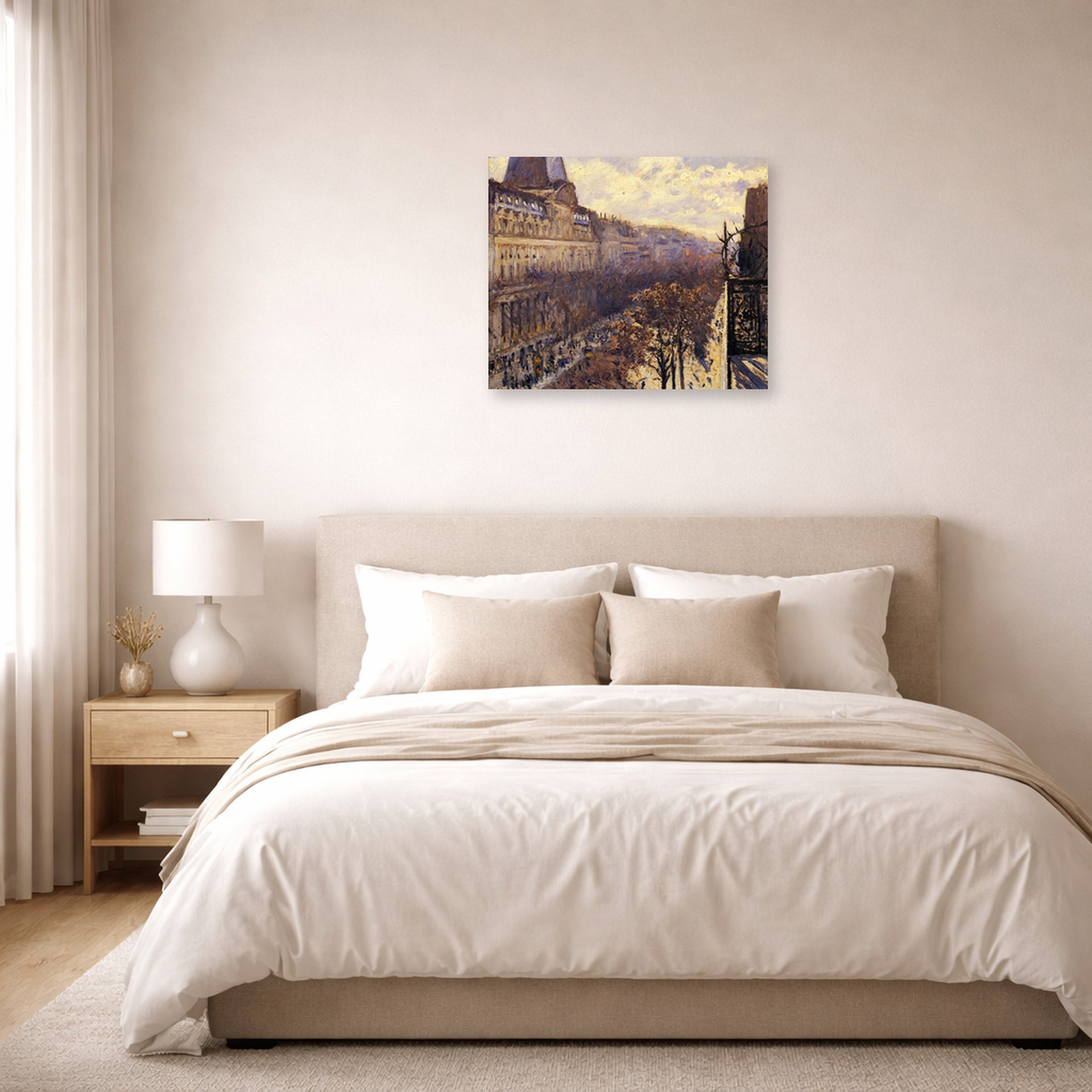 Unframed poster print of Gustave Caillebotte's Boulevard des Italiens displayed on a wall in a bedroom