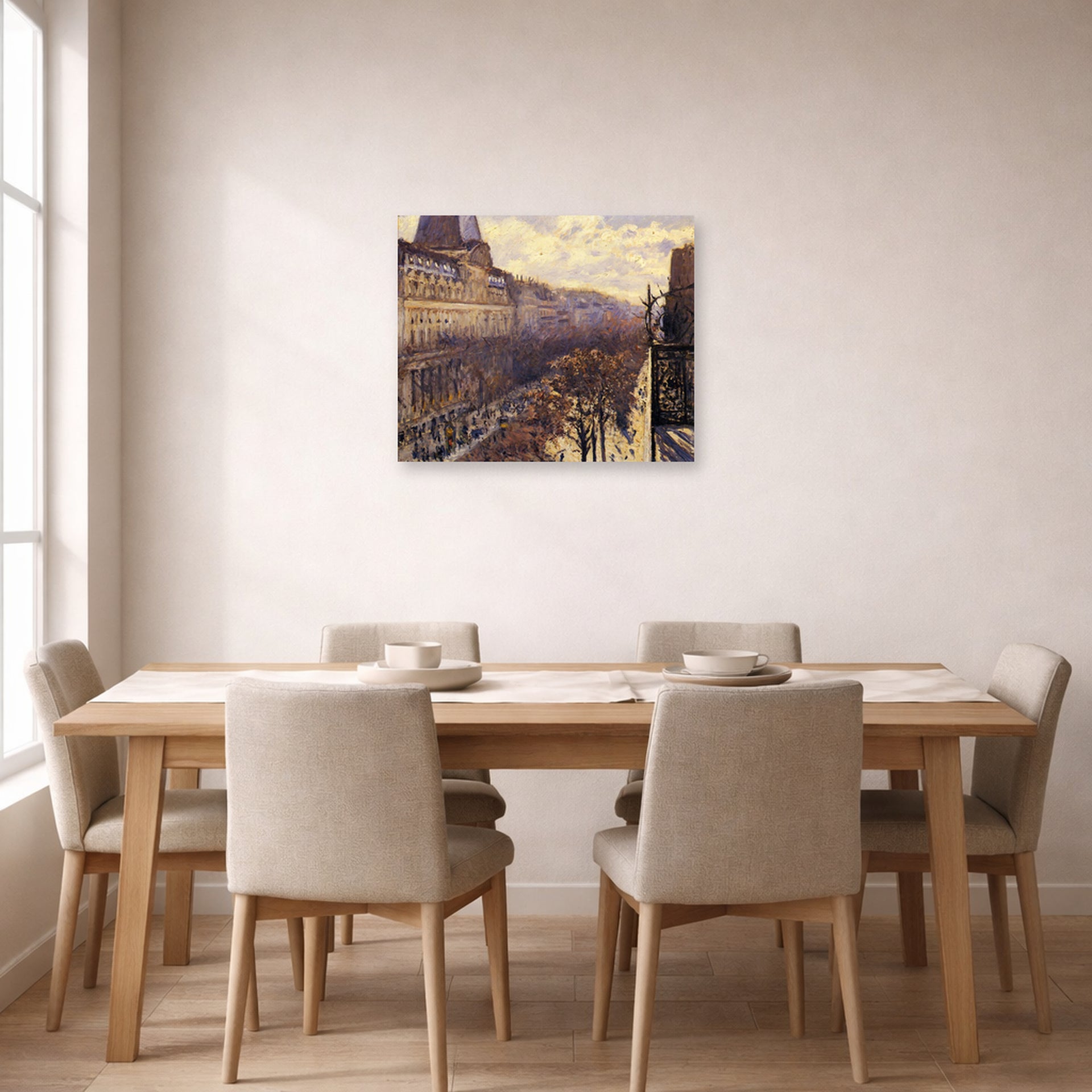 Unframed poster print of Gustave Caillebotte's Boulevard des Italiens displayed on a wall in a dining