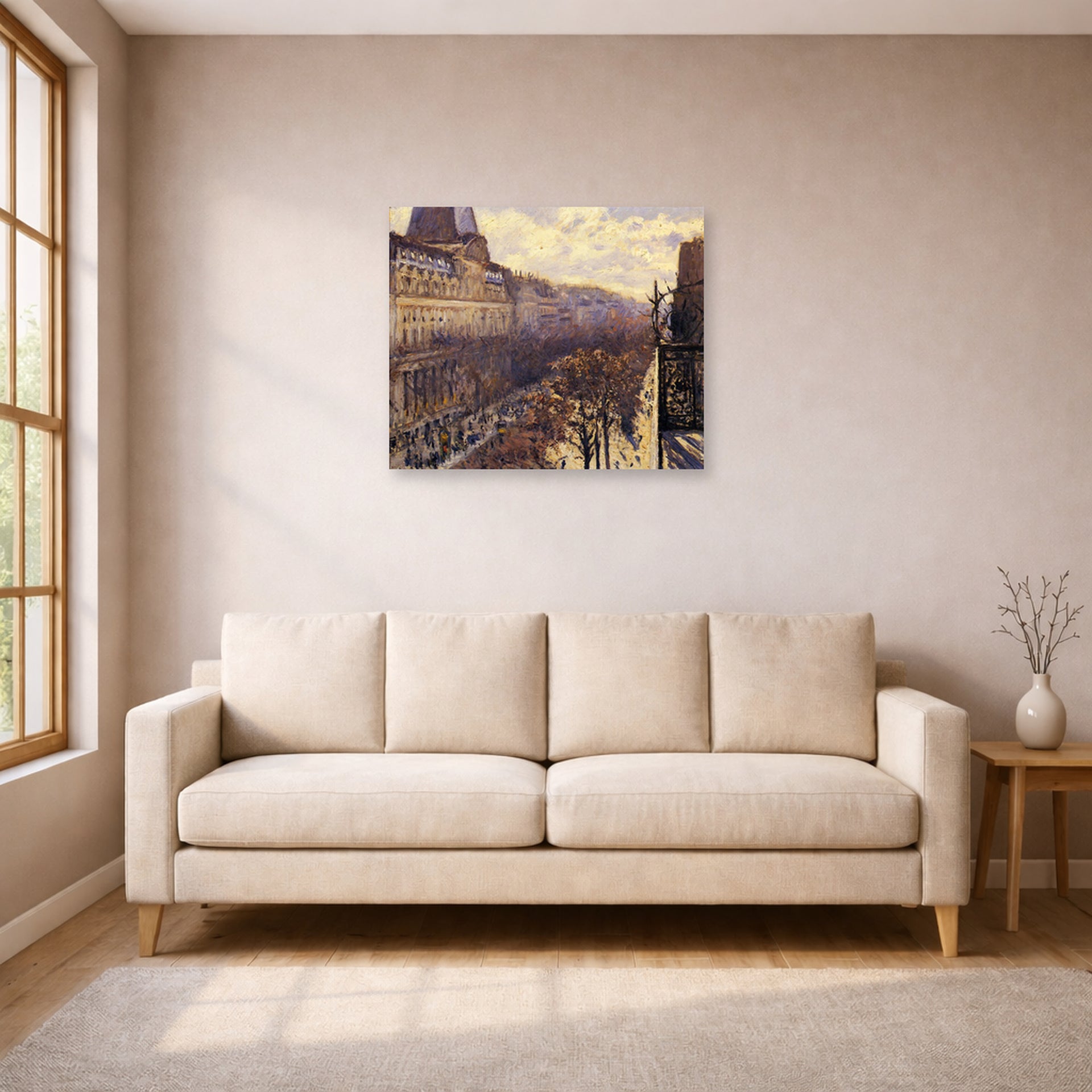 Unframed poster print of Gustave Caillebotte's Boulevard des Italiens displayed on a wall in a living room