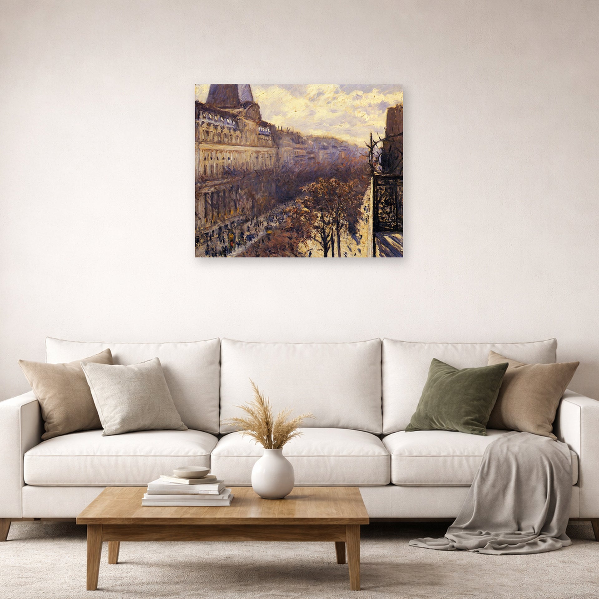 Unframed poster print of Gustave Caillebotte's Boulevard des Italiens displayed on a wall in a living room