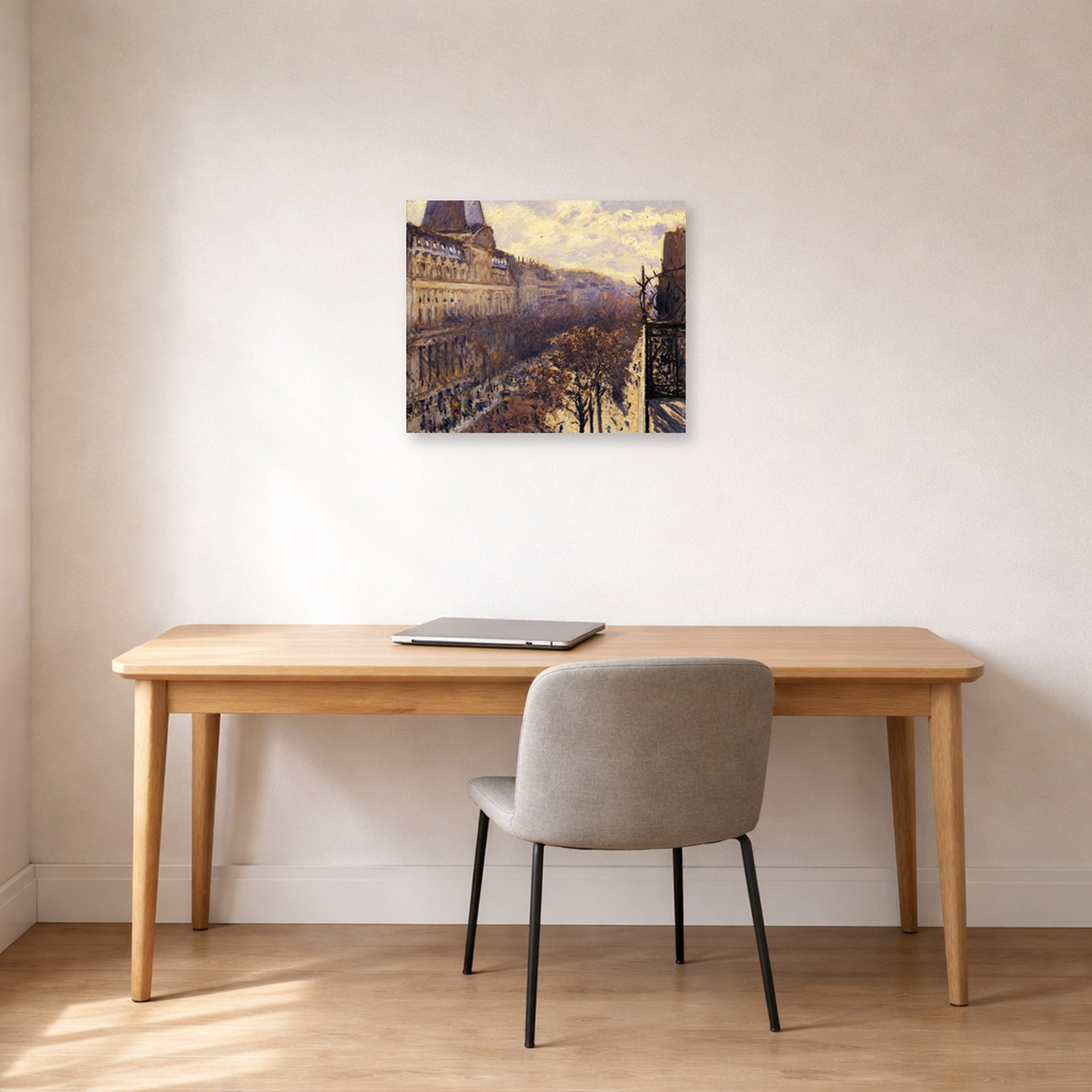 Unframed poster print of Gustave Caillebotte's Boulevard des Italiens displayed on a wall in a office