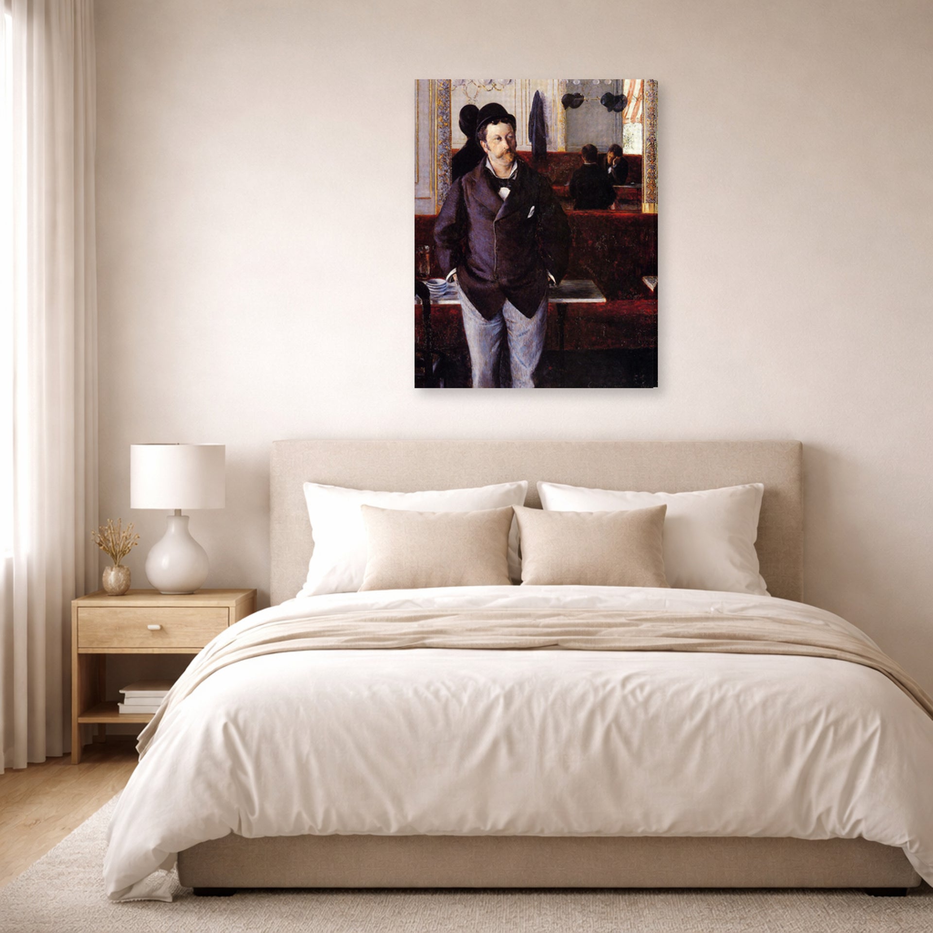 Gallery-wrapped canvas print of Gustave Caillebotte's Dans un café displayed on a wall in a bedroom