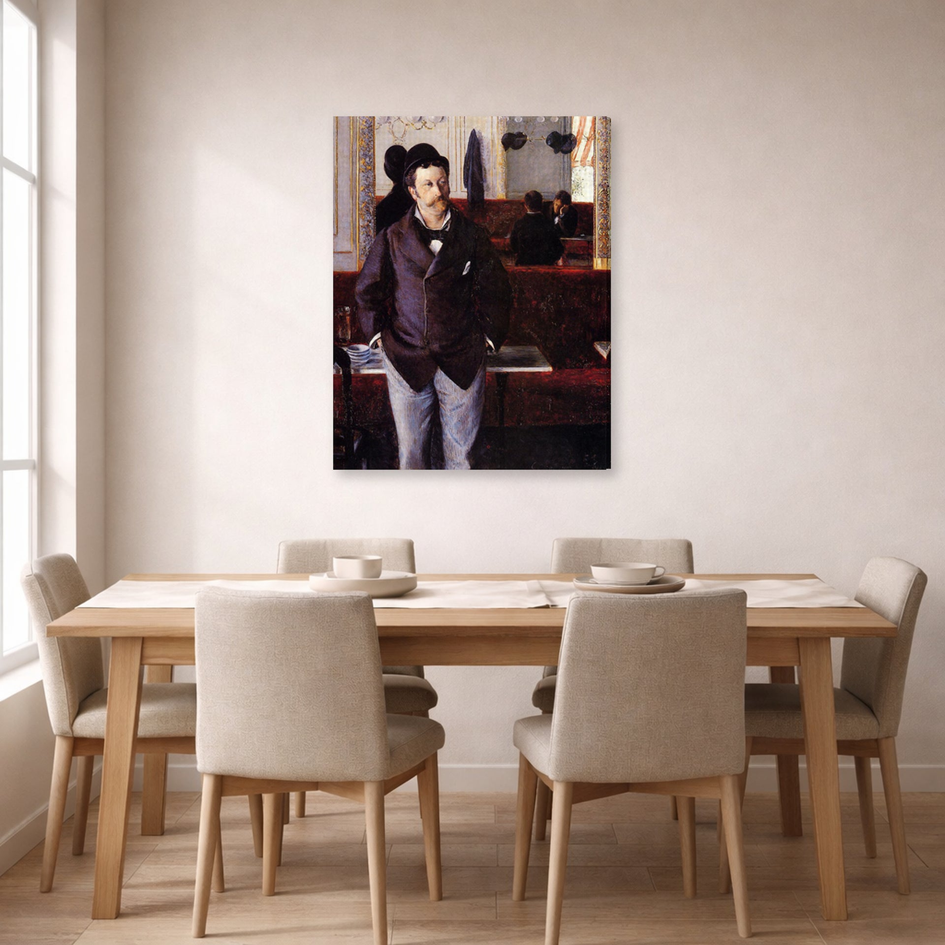 Gallery-wrapped canvas print of Gustave Caillebotte's Dans un café displayed on a wall in a dining