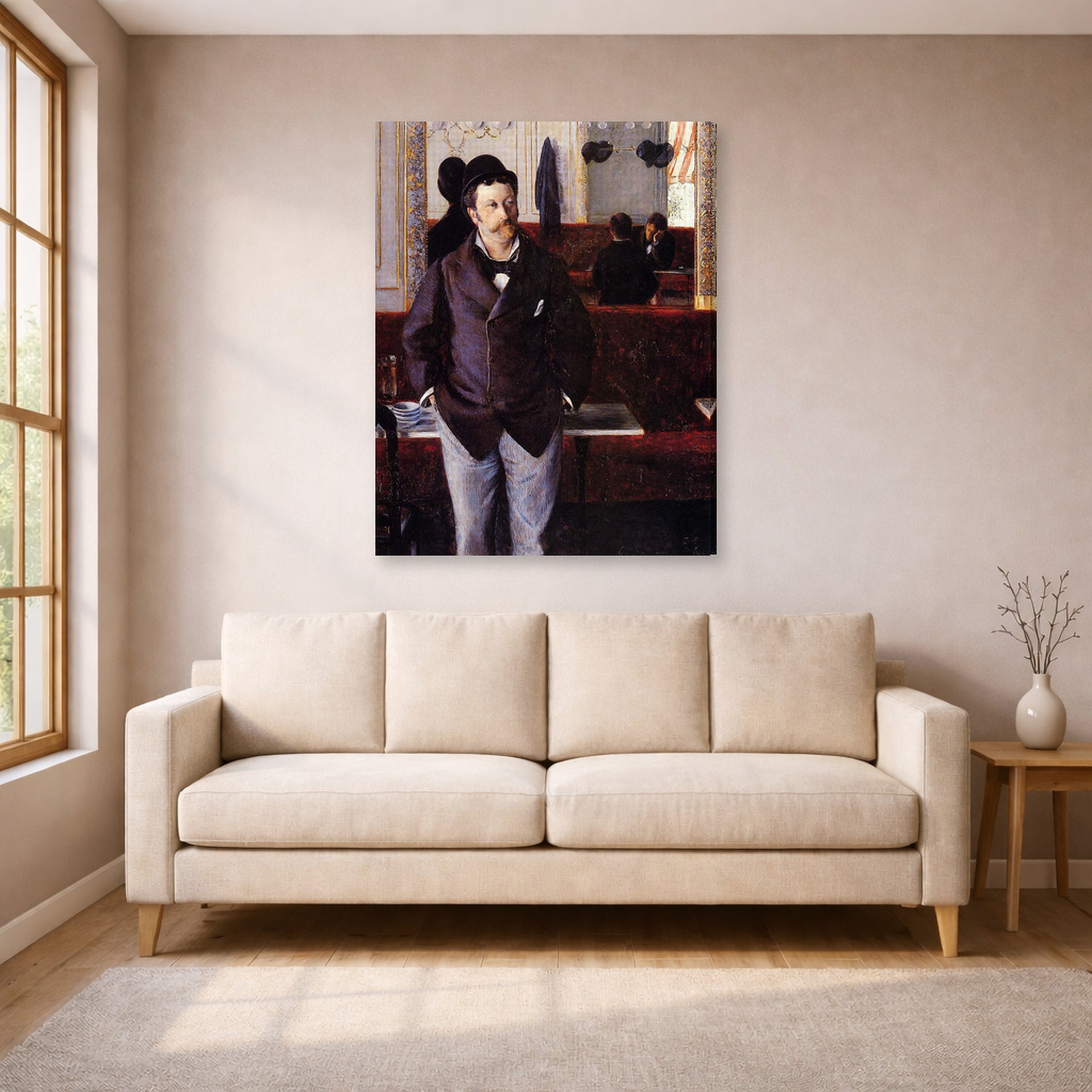 Gallery-wrapped canvas print of Gustave Caillebotte's Dans un café displayed on a wall in a living room