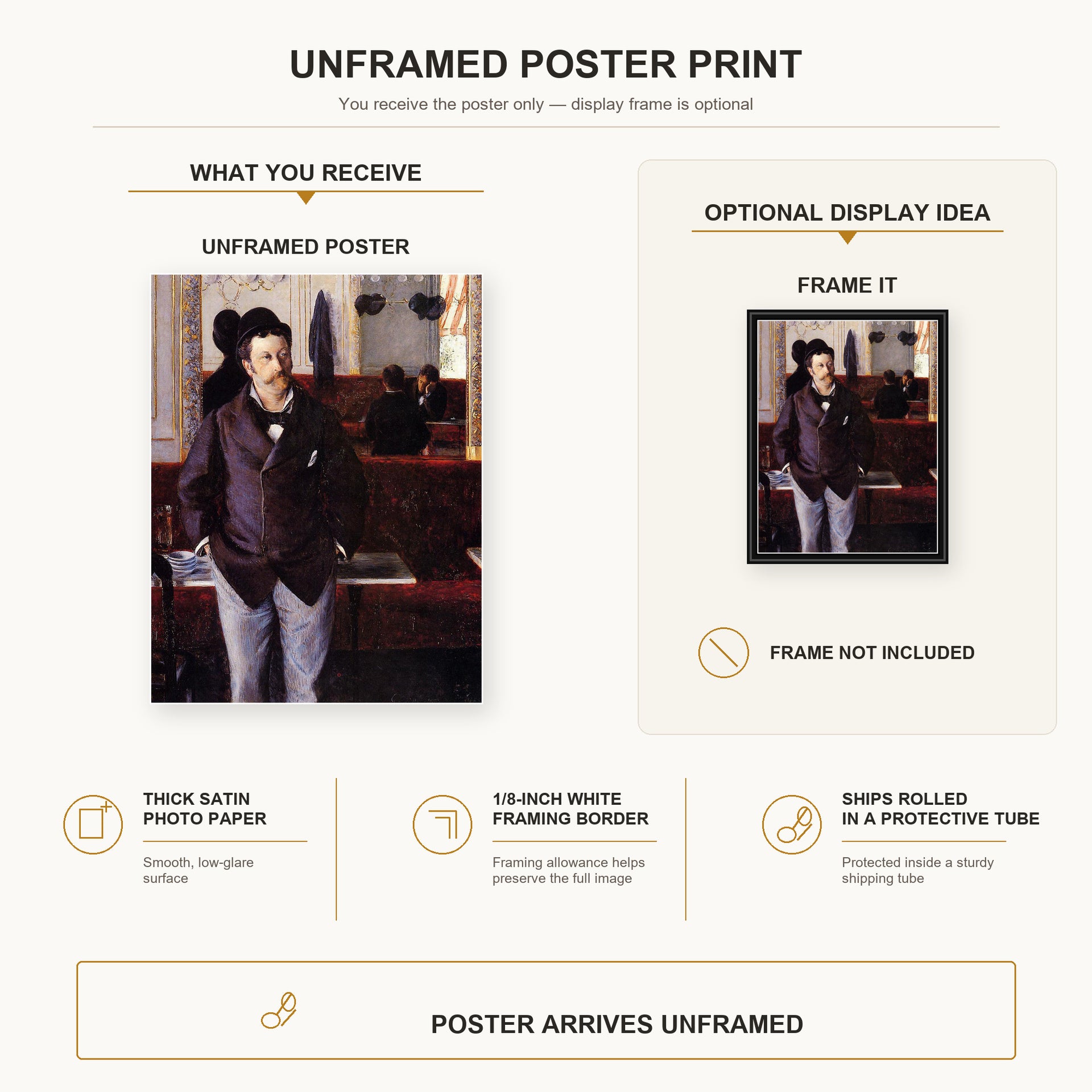 Gustave Caillebotte - Dans un café poster print size comparison and framing display infographic