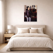 Unframed poster print of Gustave Caillebotte's Dans un café displayed on a wall in a bedroom