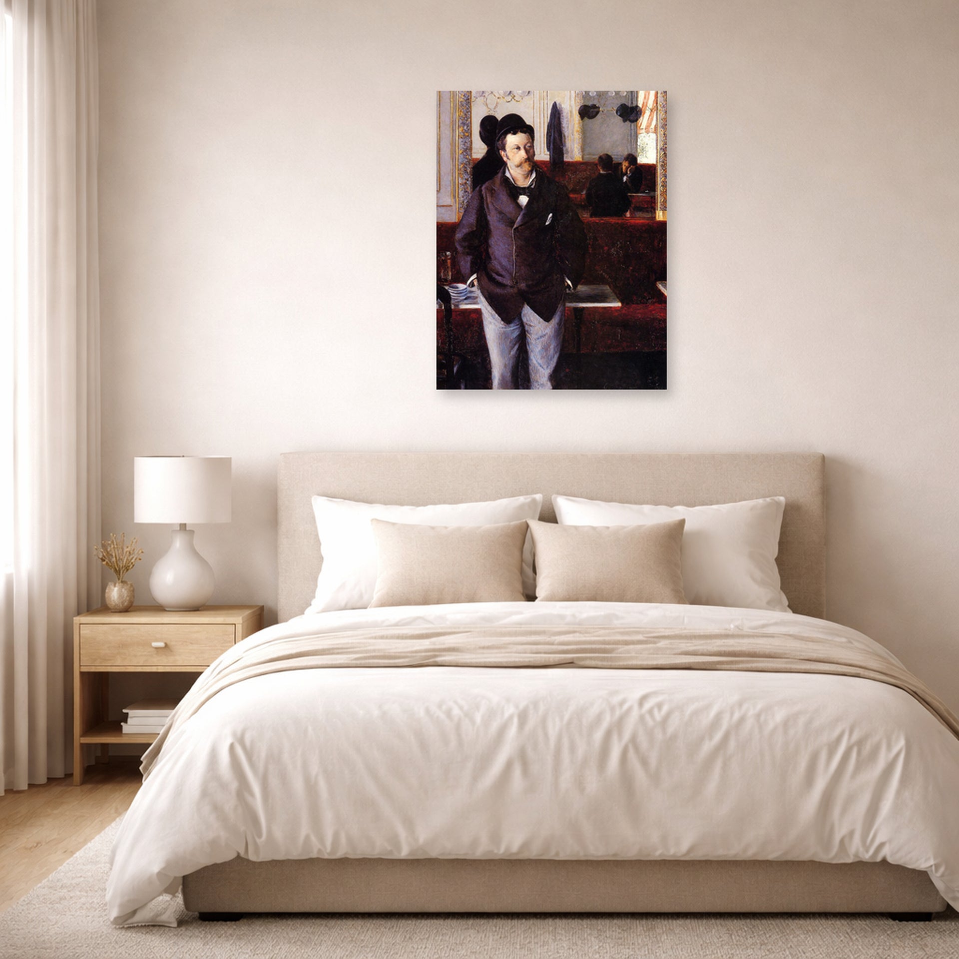 Unframed poster print of Gustave Caillebotte's Dans un café displayed on a wall in a bedroom