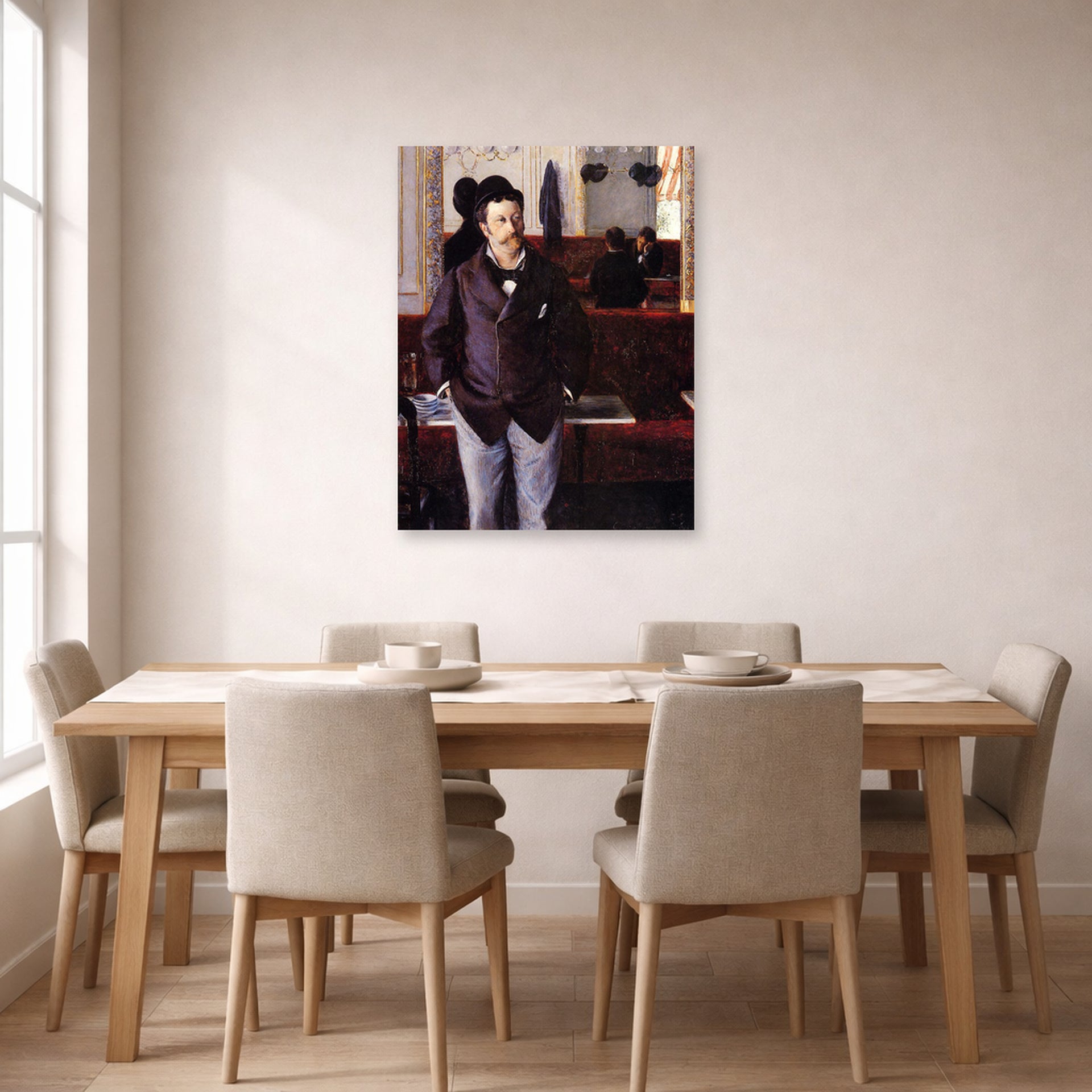 Unframed poster print of Gustave Caillebotte's Dans un café displayed on a wall in a dining