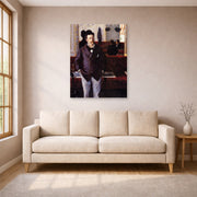 Unframed poster print of Gustave Caillebotte's Dans un café displayed on a wall in a living room