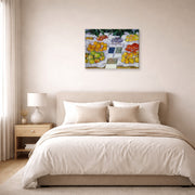 Gallery-wrapped canvas print of Gustave Caillebotte's Fruits sur un étalage displayed on a wall in a bedroom