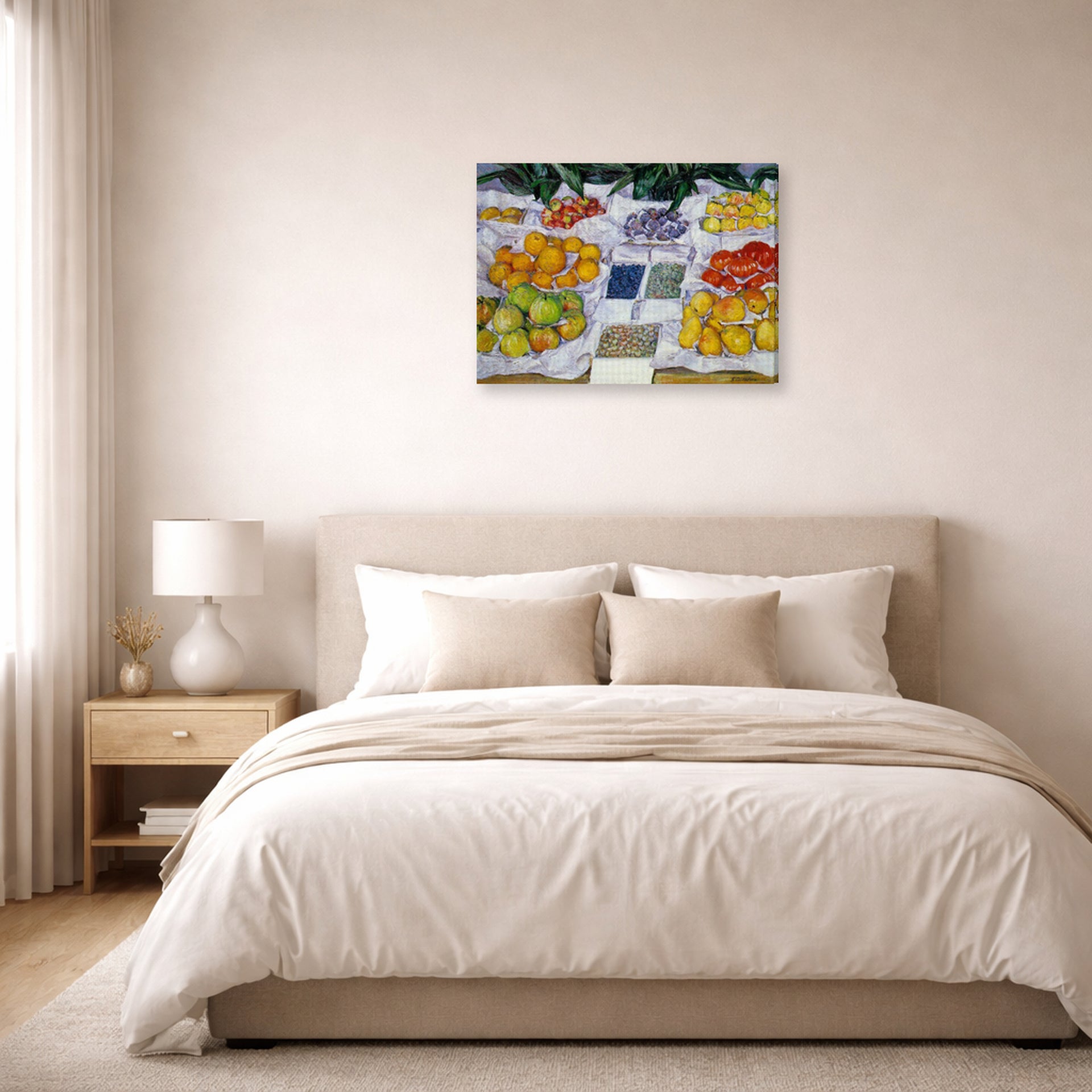 Gallery-wrapped canvas print of Gustave Caillebotte's Fruits sur un étalage displayed on a wall in a bedroom