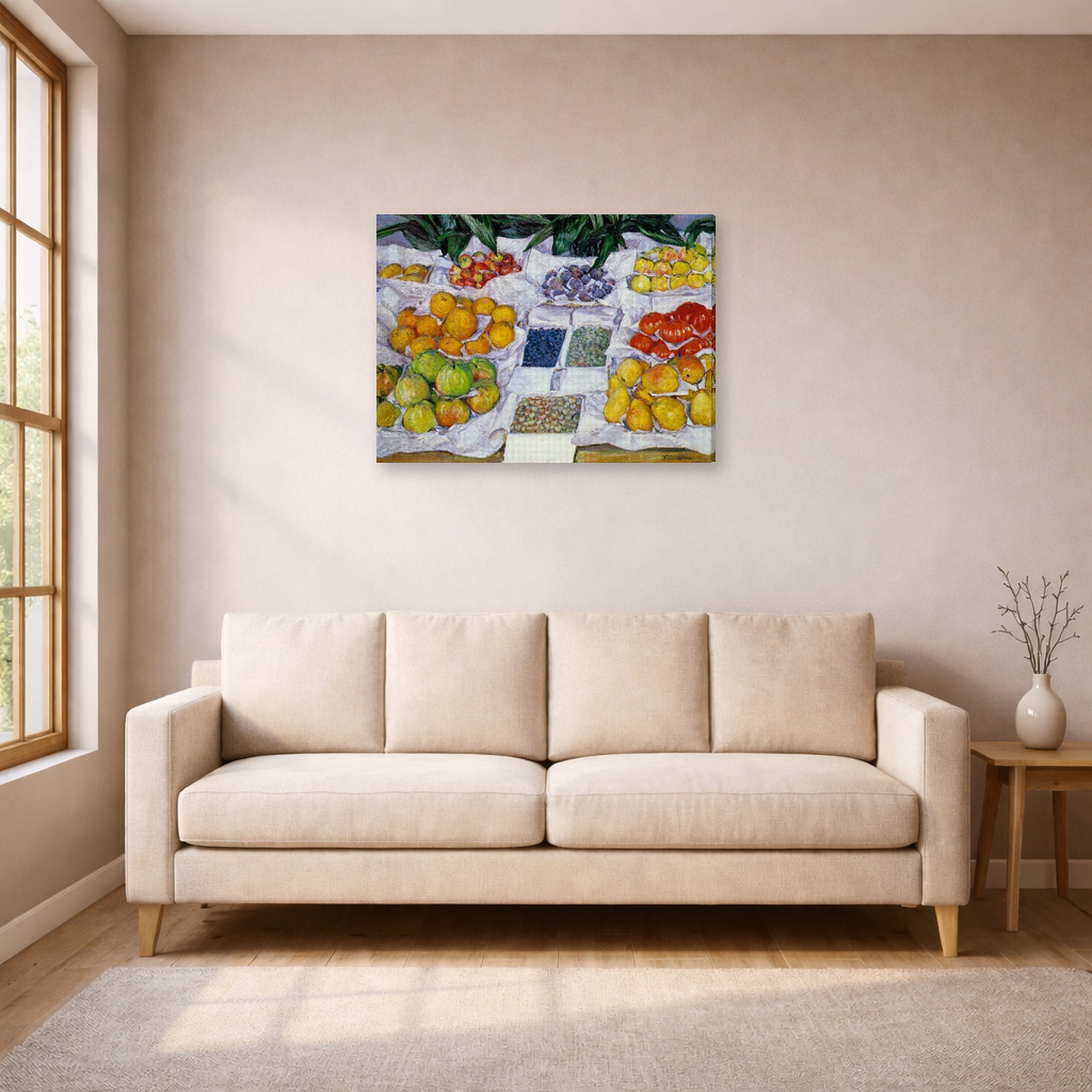 Gallery-wrapped canvas print of Gustave Caillebotte's Fruits sur un étalage displayed on a wall in a living room