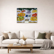 Gallery-wrapped canvas print of Gustave Caillebotte's Fruits sur un étalage displayed on a wall in a living room