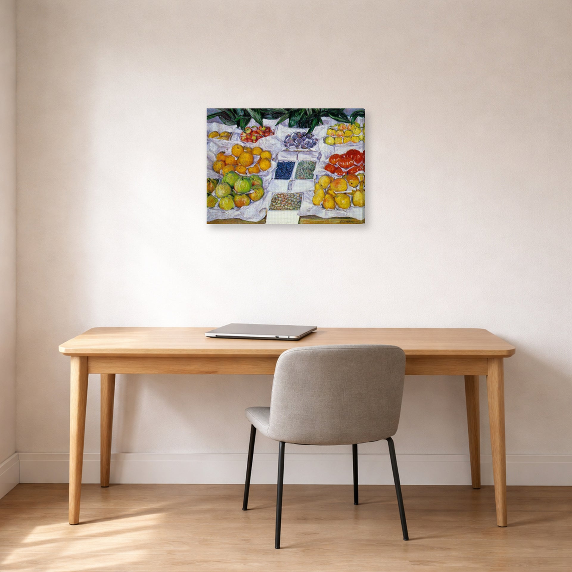 Gallery-wrapped canvas print of Gustave Caillebotte's Fruits sur un étalage displayed on a wall in a office