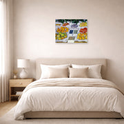 Unframed poster print of Gustave Caillebotte's Fruits sur un étalage displayed on a wall in a bedroom